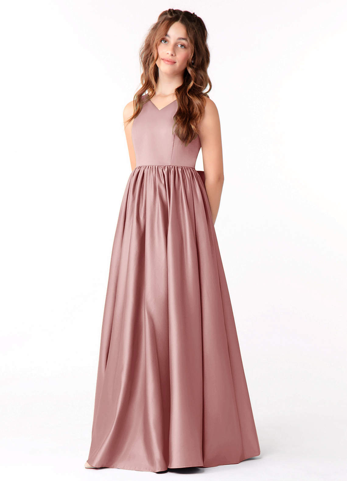 Azazie Hathaway Junior Dusty Rose A-Line Bow Stretch Satin Dress image2
