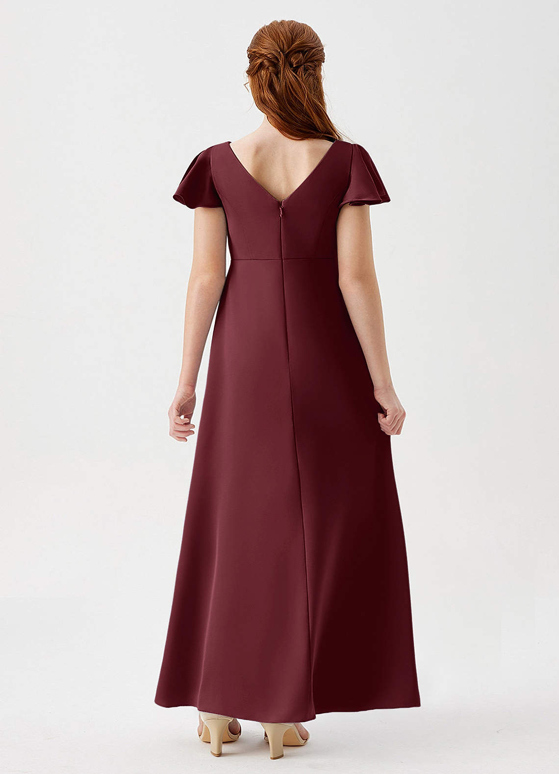 Azazie Soren Junior Abito A-Line in Raso Elasticizzato Increspato Cabernet image1