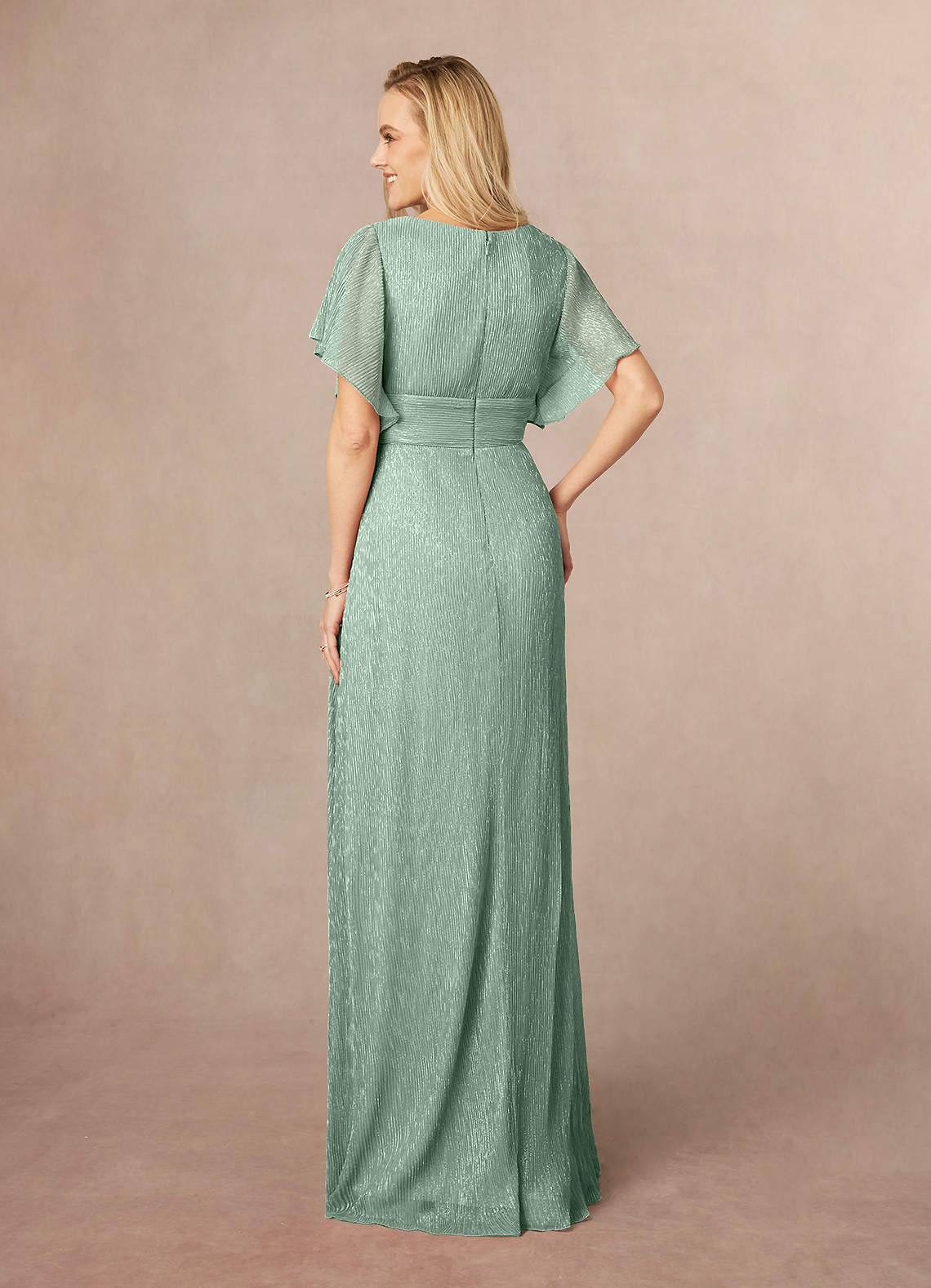 Azazie Kathryn Mother of the Bride Dresses Aquamarine A-Line V-Neck Flutter Sleeve Metallic Mesh Dress image2