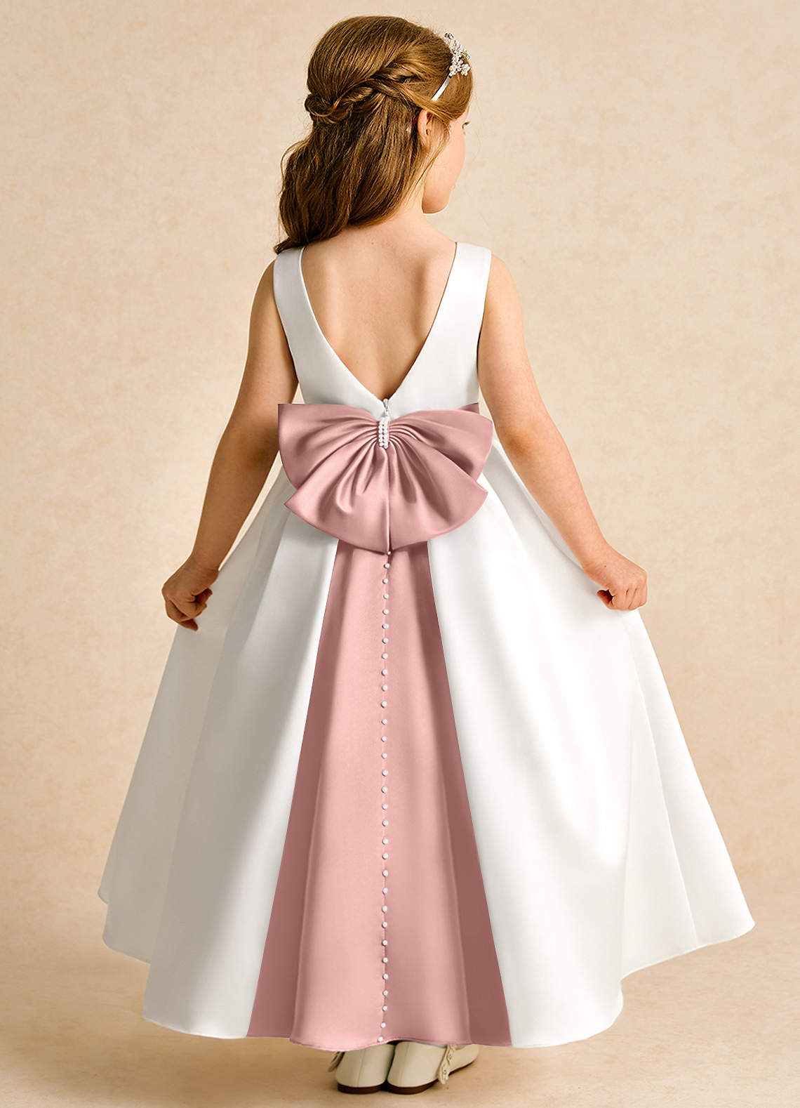 Azazie Cherry Flower Girl Dresses Ivory Rose Gold Ball-Gown Pleated Matte Satin Dress image1