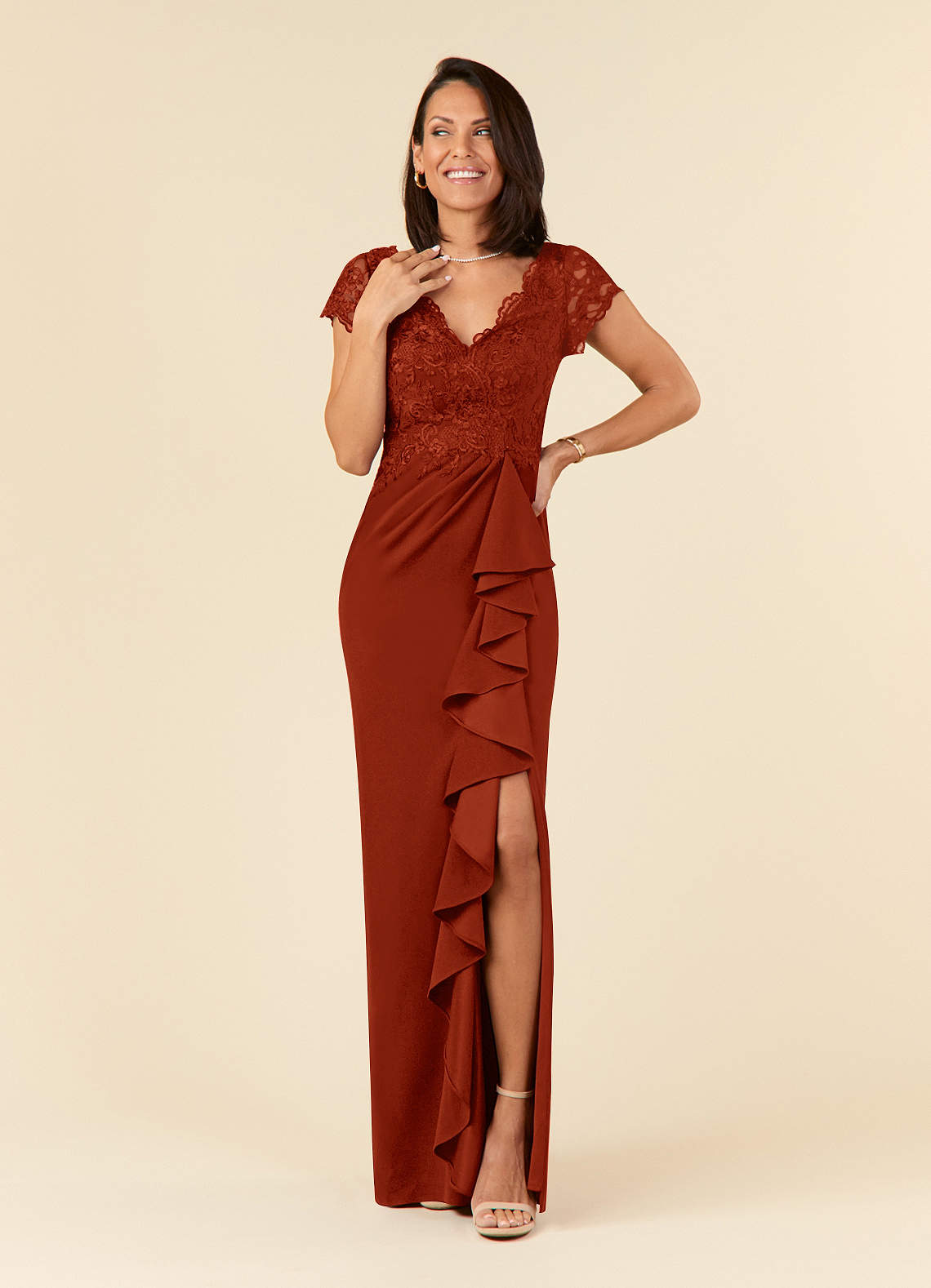Azazie Carmen Mother of the Bride Dresses Rust Sheath Lace Dress image1