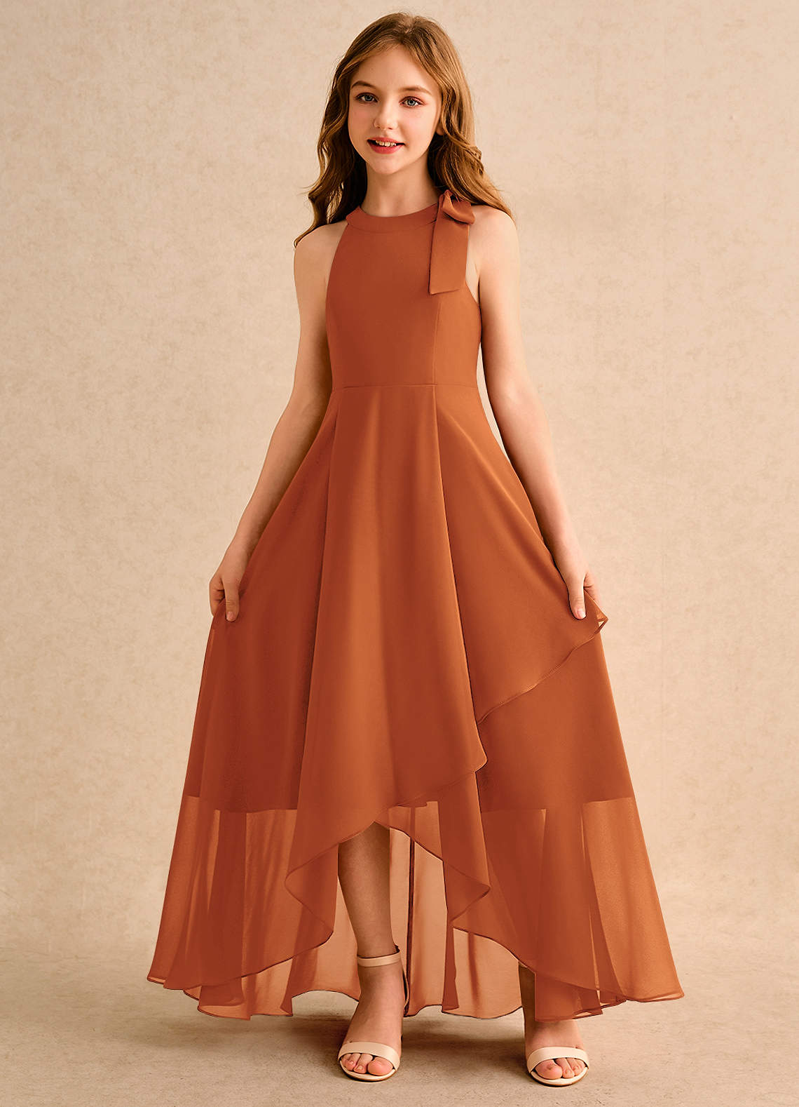 Azazie Boop Girls Formal Flower Girl Dresses Cinnamon A-Line Bow Chiffon Dress image4