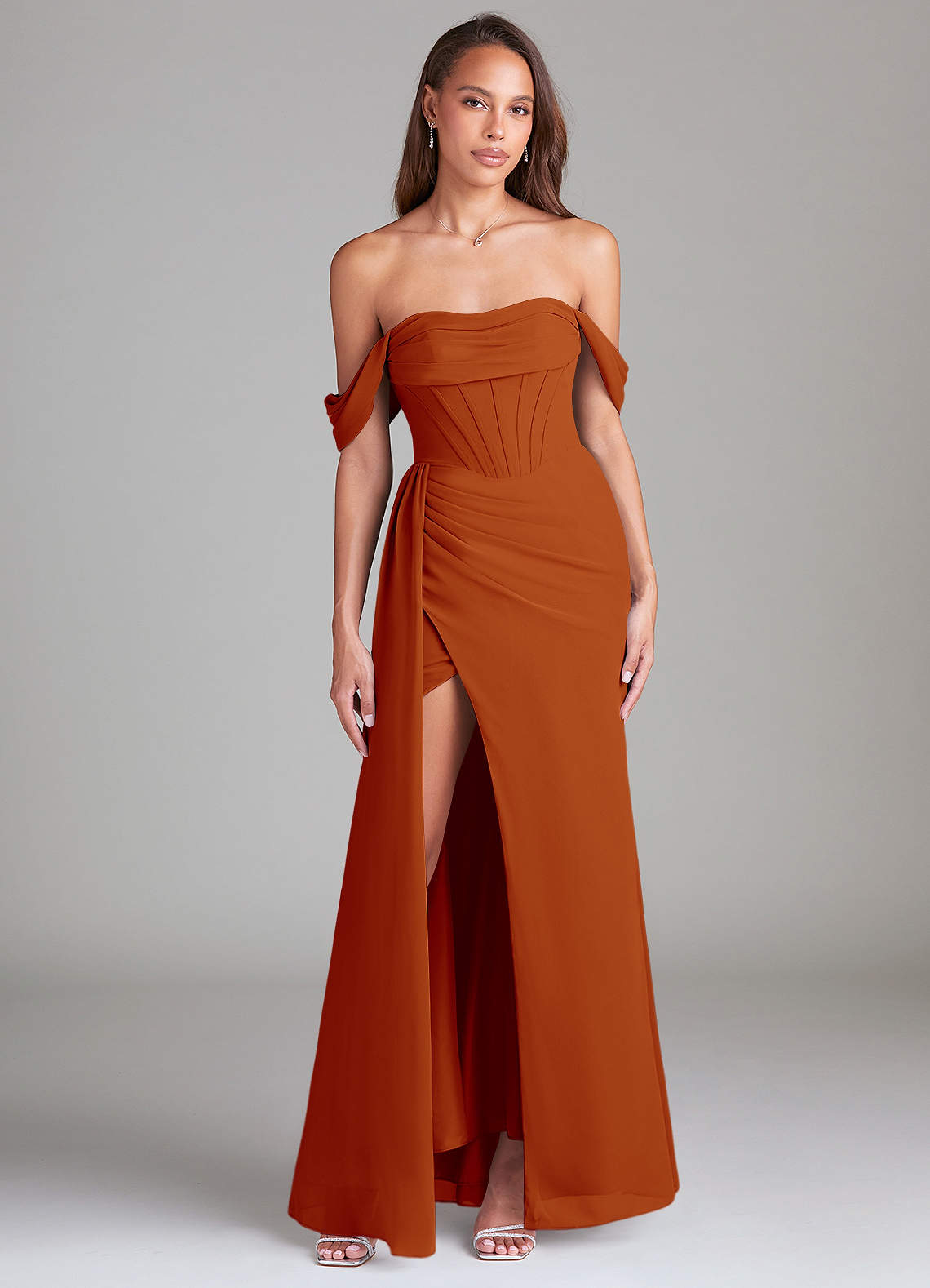 Azazie Amyra Bridesmaid Dresses Paprika Sheath Off the Shoulder Chiffon Convertible Dress image1