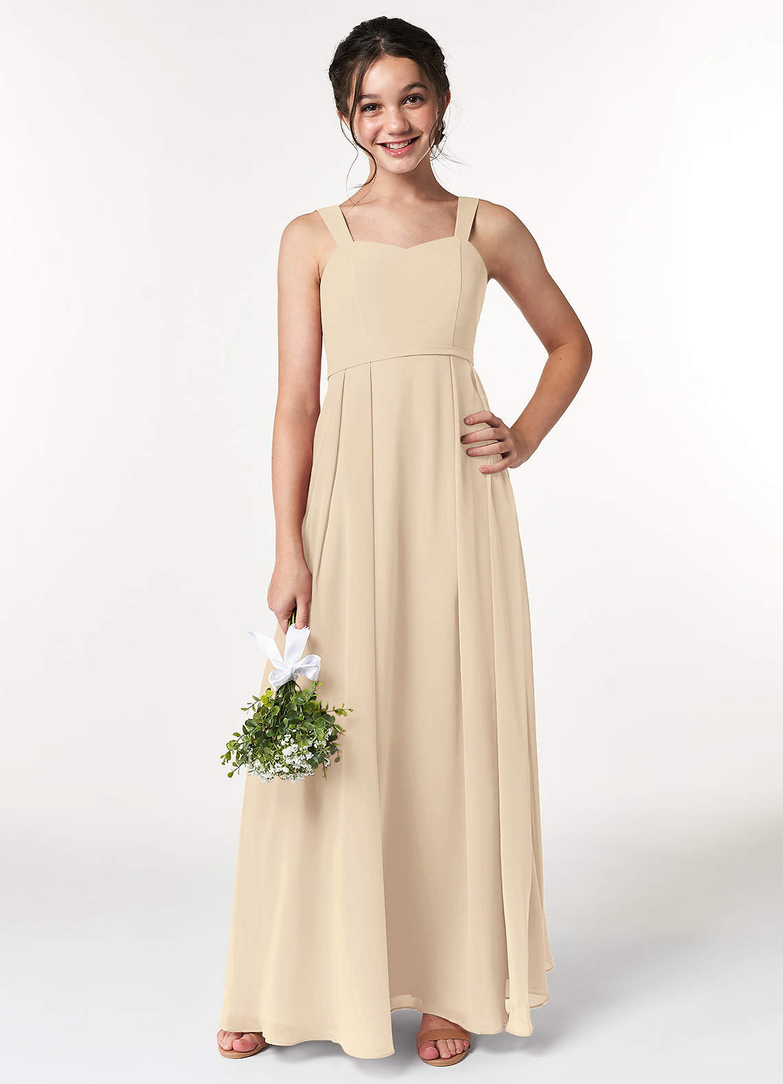 Azazie Simoan Junior Abito A-Line in Chiffon Scollo a Cuore Champagne image1