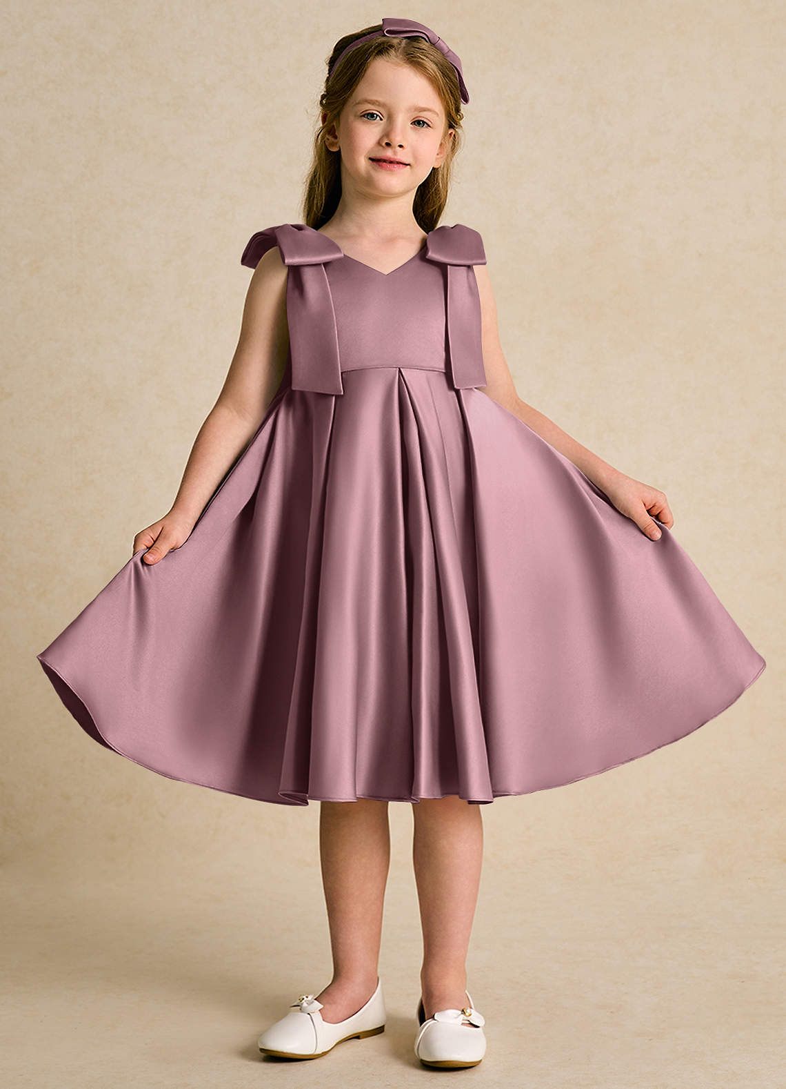 Azazie Guppie Flower Girl Dresses Vintage Mauve Ball-Gown Pleated Matte Satin Dress image1