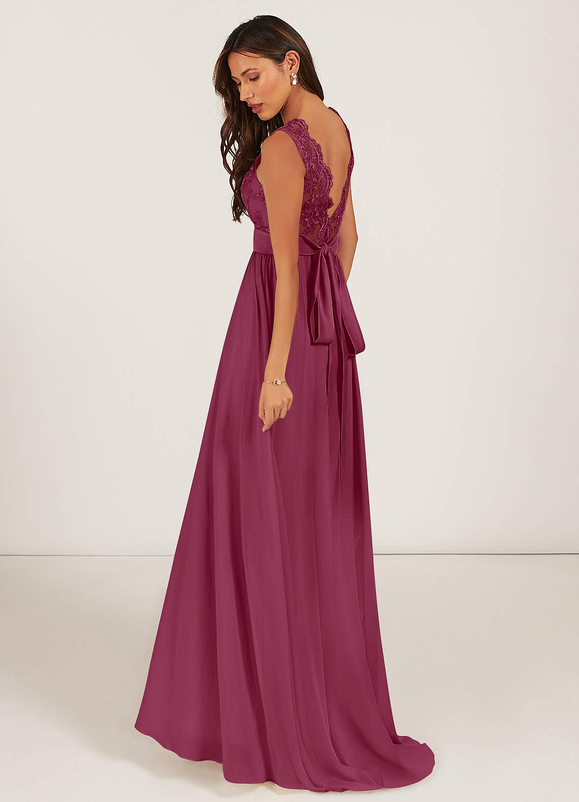Azazie Gertrude At-home Try On Dresses Mulberry A-Line Lace Chiffon Dress image3