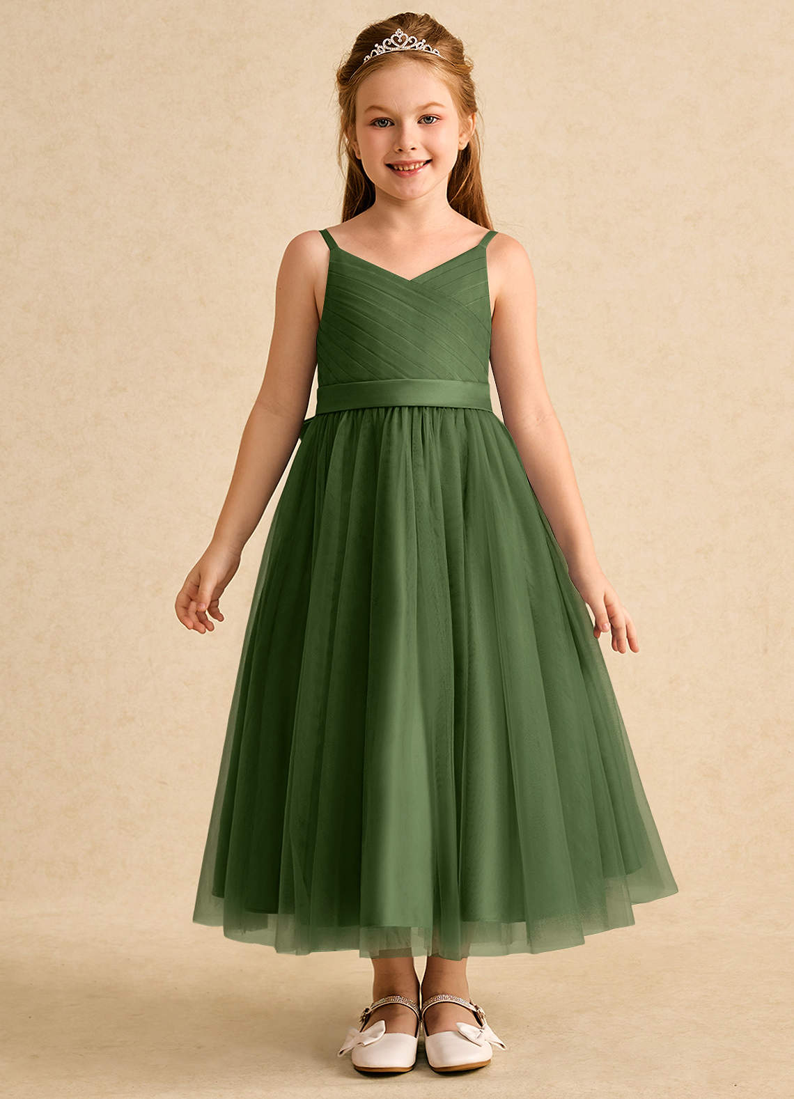 Azazie Patootie vestidos de niña de las flores Vestido de Oliva de Tul de Corte En A con Tirante Espagueti image1