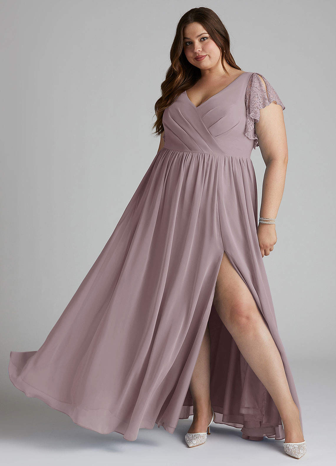 Azazie Zella Robes de demoiselle d'honneur Robe Trapèze en Mousseline de soie Dentelle Crépuscule image1