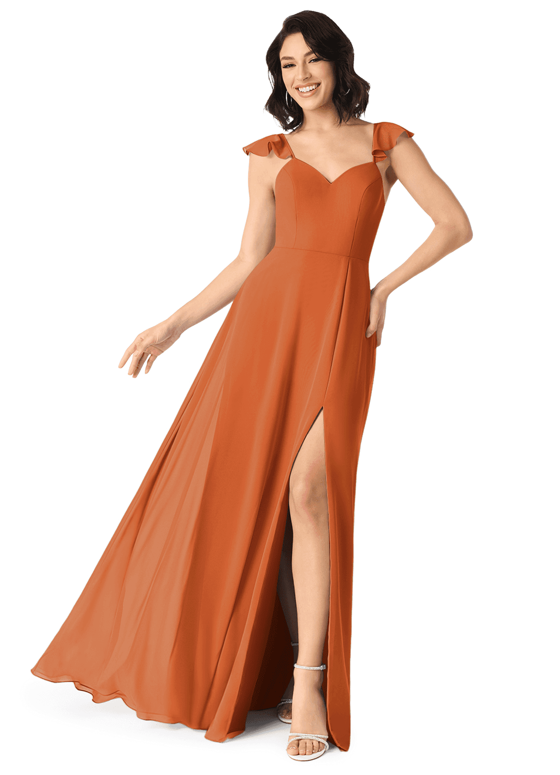 Azazie Everett Bridesmaid Dresses Cinnamon A-Line V-neck Ruched Chiffon Dress image1
