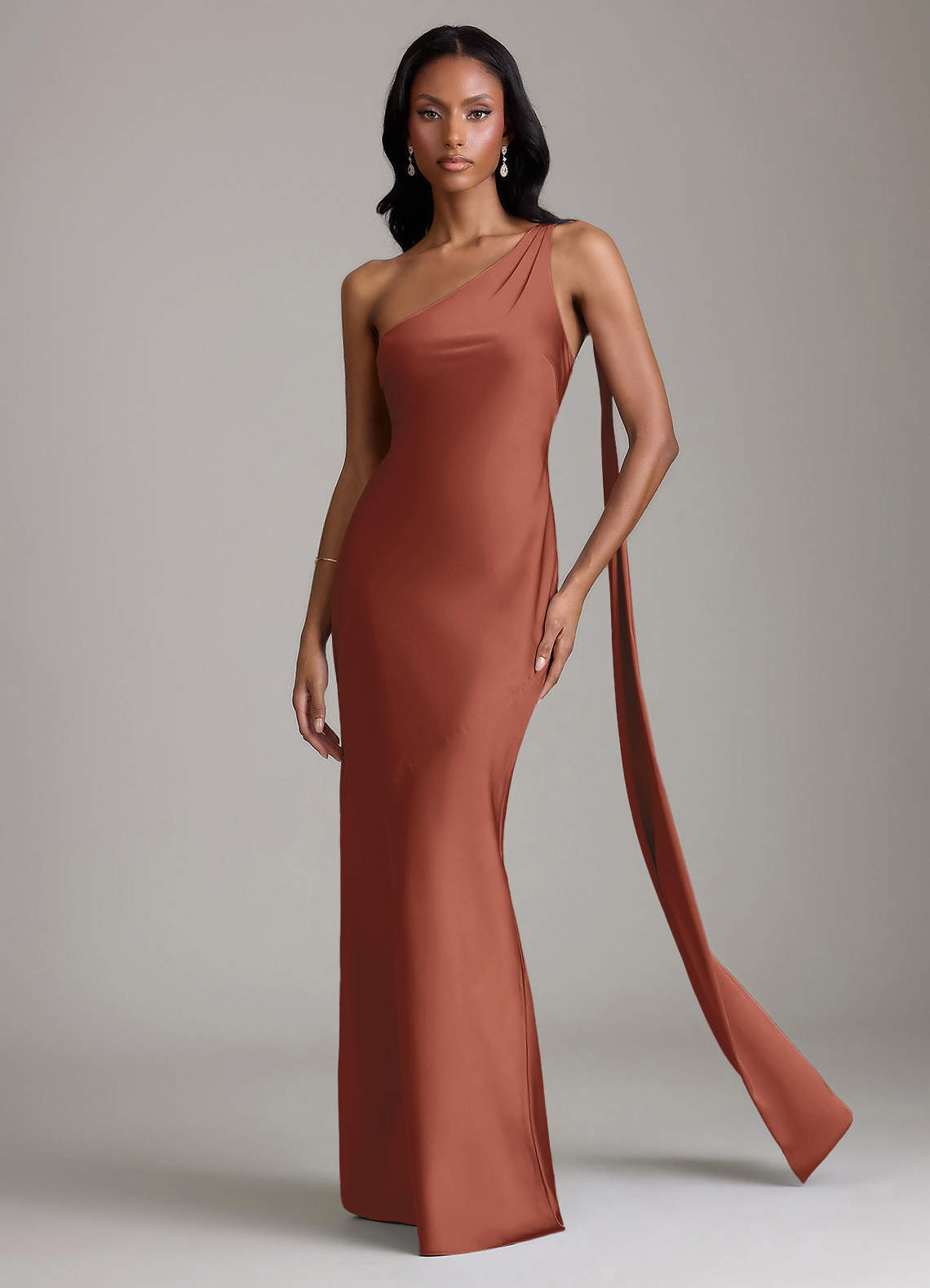 Azazie Juniper Brudtärnklänningar Klä av Sjöjungfru i Stretch Satin Ena axeln Kastanjebrunt image3