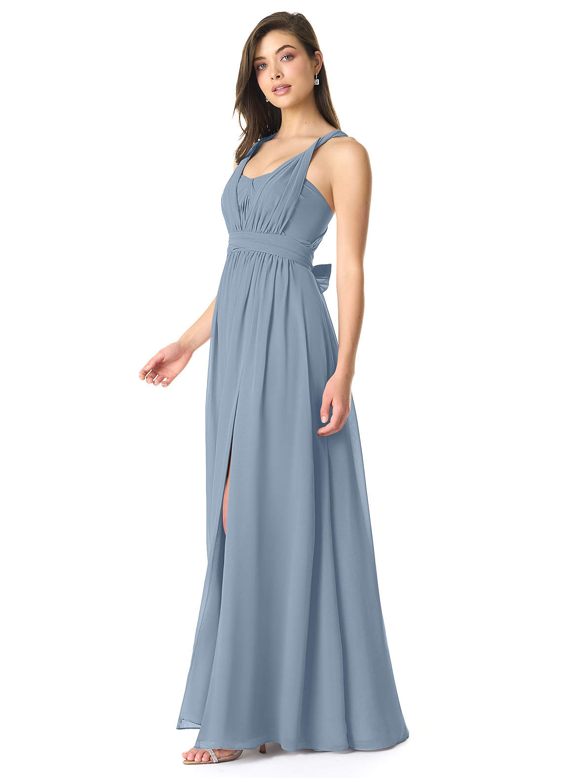 Azazie Olani Bridesmaid Dresses Dusty Blue A-Line One Shoulder Chiffon Convertible Dress image3