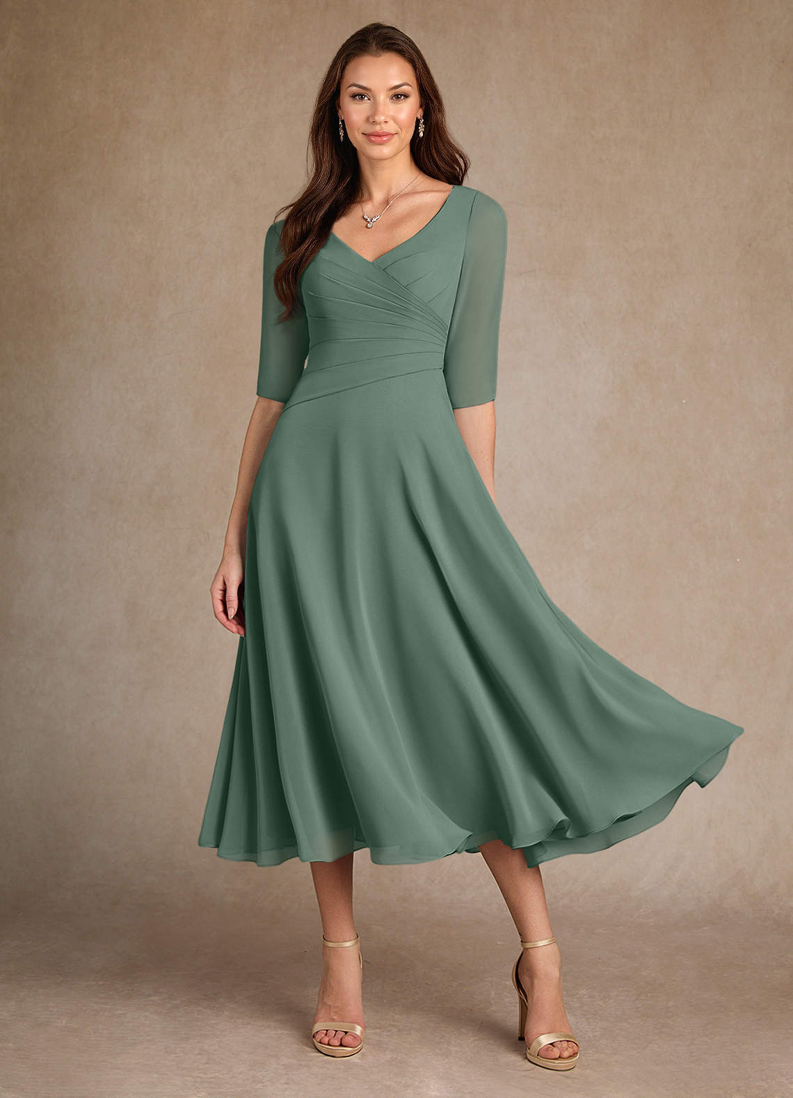 sachin and babi light blue dress A Line Formal Dress With Sleeves A-line V-Neck Chic Short Sleeves Tea-Length  Chiffon Mother Of The Bride Dresses Custom Mother's Dress main image 1