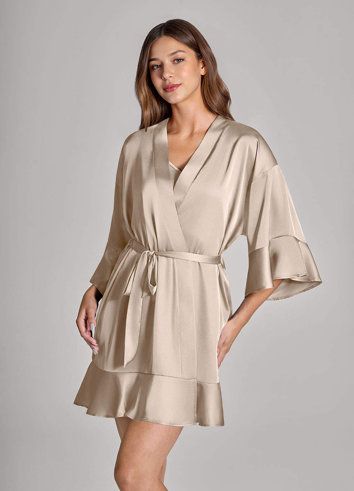 front Matchende farve 2-delt flæse satin Robe og slip sæt