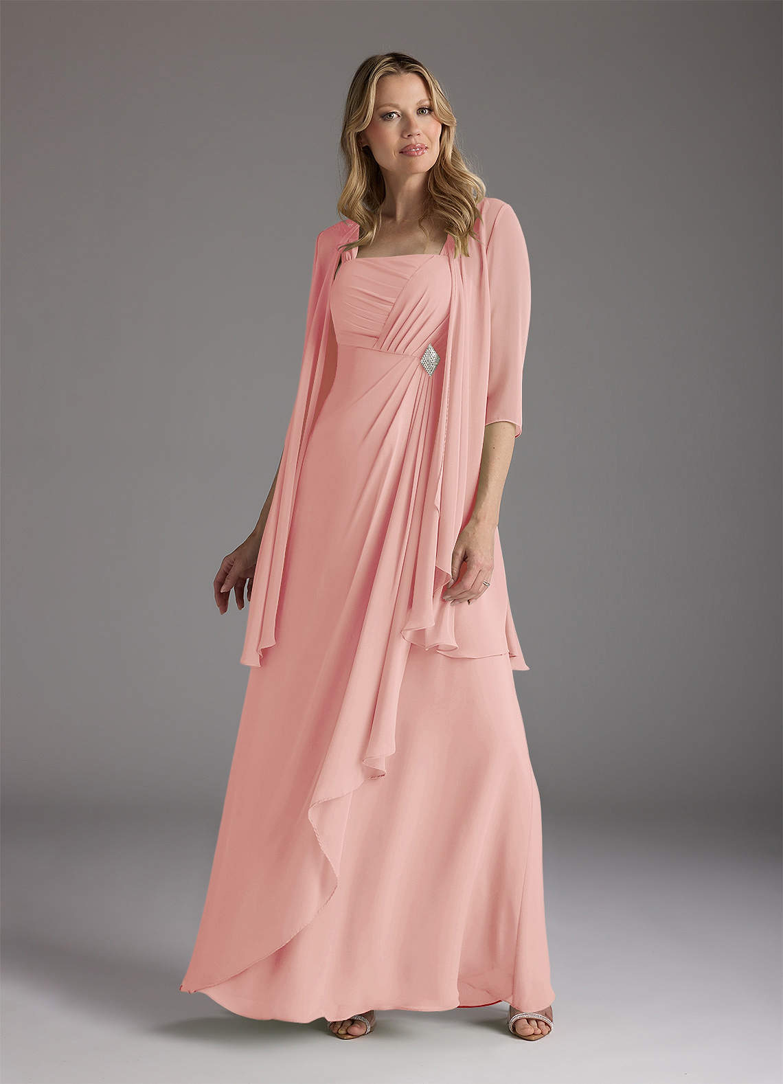 Azazie Weisz Kleider für die Brautmutter A-Linie Quadratischer Ausschnitt Gefaltet Chiffon Kleid Rosettenrosa image1