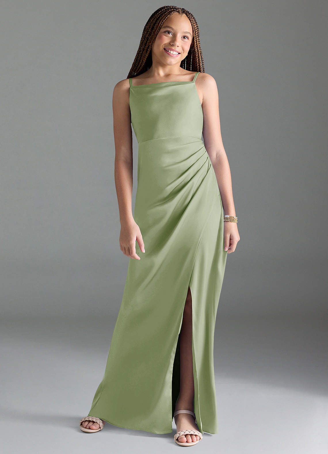 Azazie Leonis Junior Dusty Sage A-Line Pleated Stretch Satin Dress image1