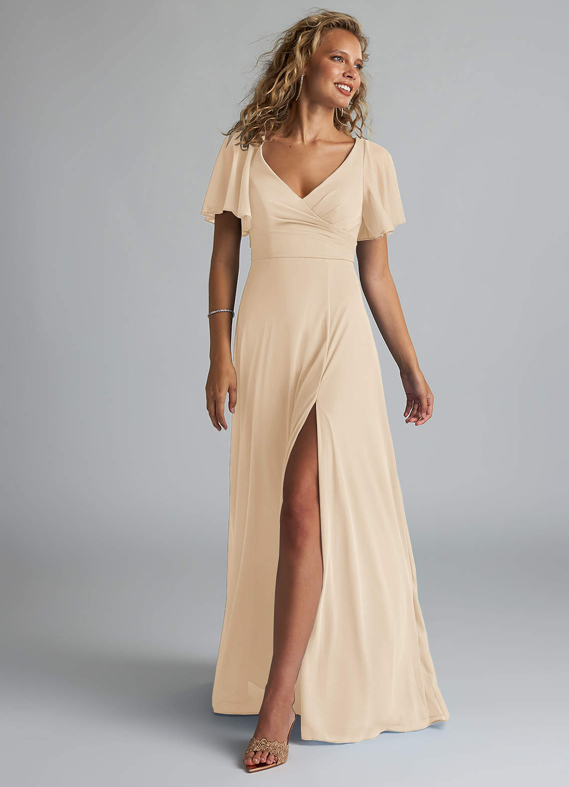 Azazie Induh Bridesmaid Dresses Champagne A-Line Flutter V-neck Mesh Dress image1