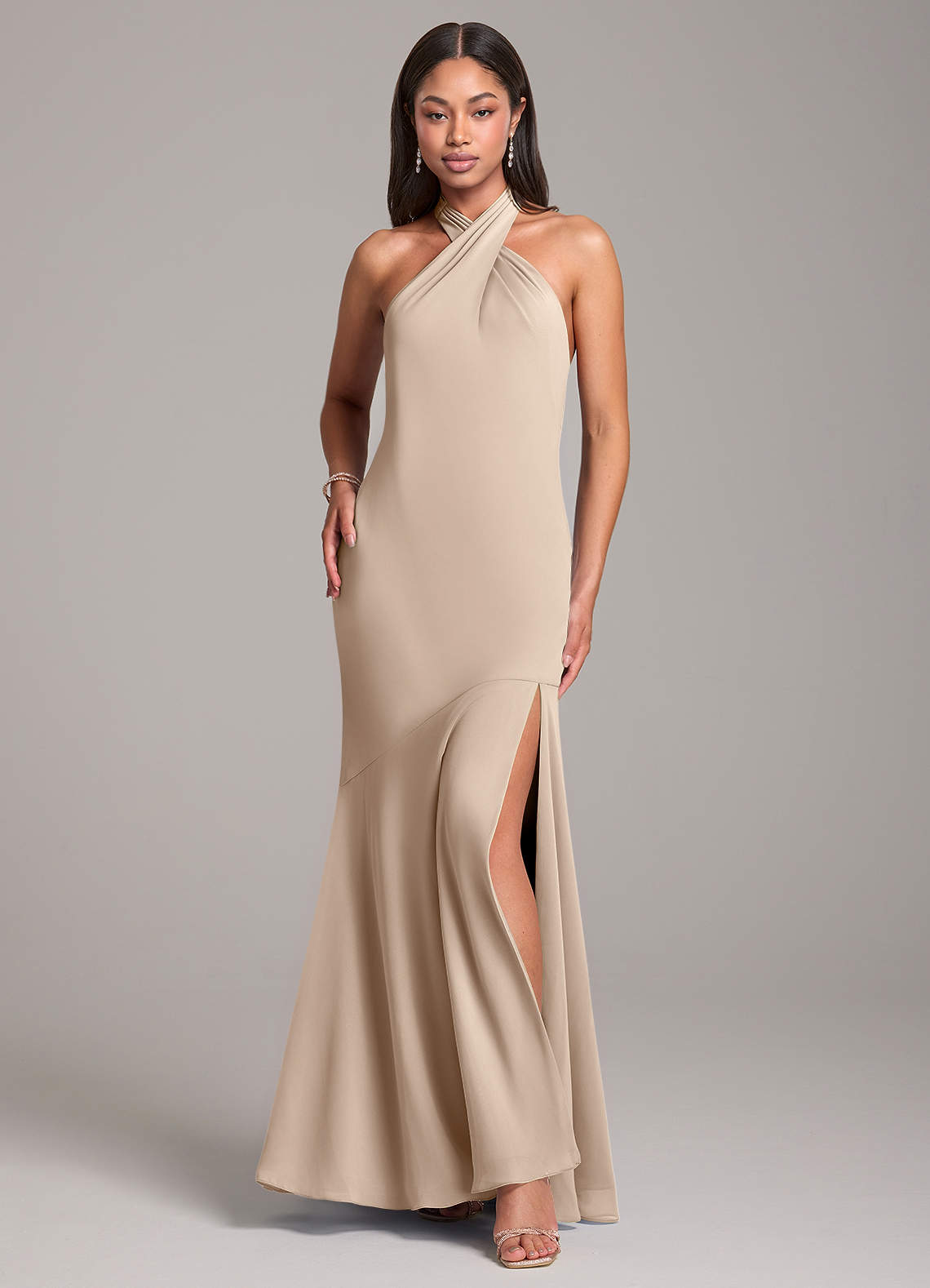 Azazie Lorena Bridesmaid Dresses Taupe Mermaid Pleated Chiffon Dress image1