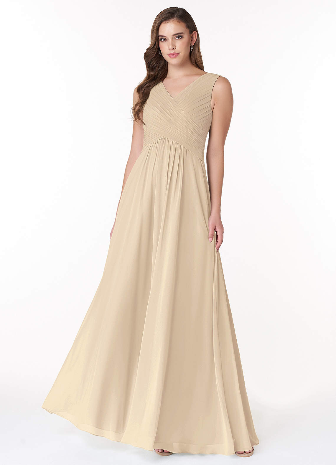 Azazie Flora Bridesmaid Dresses Champagne A-Line Pleated Chiffon Dress image1