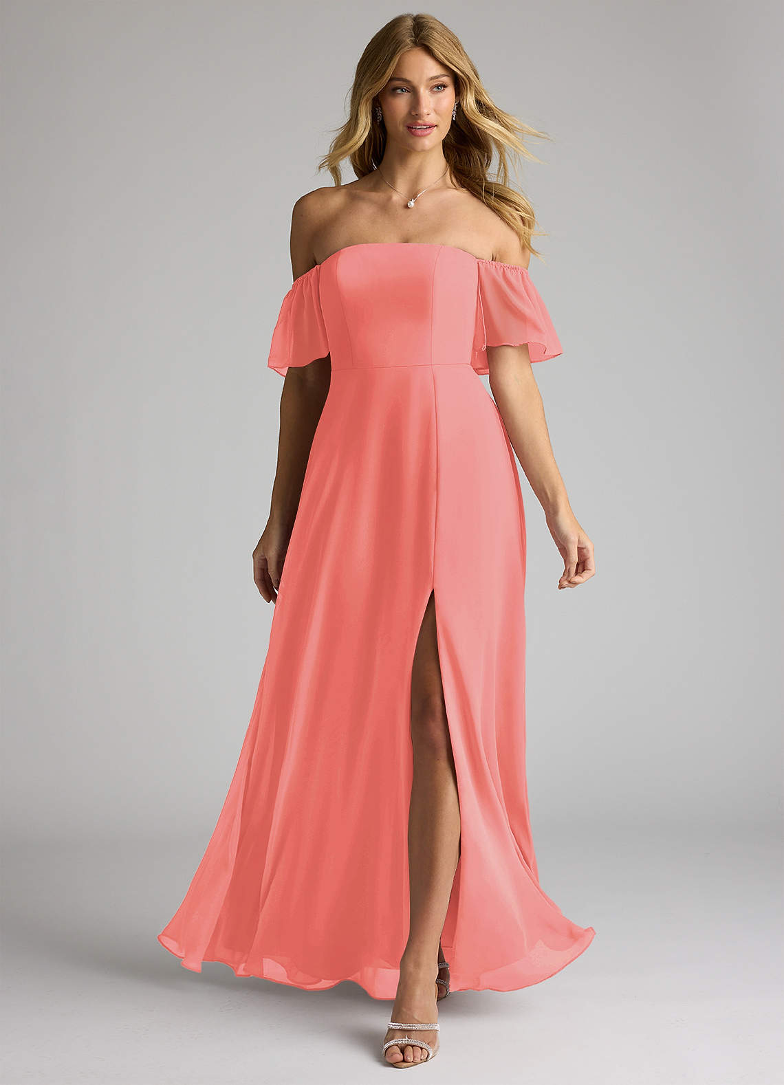 Azazie Sue Bridesmaid Dresses Coral A-Line Off the Shoulder Chiffon Convertible Dress image1