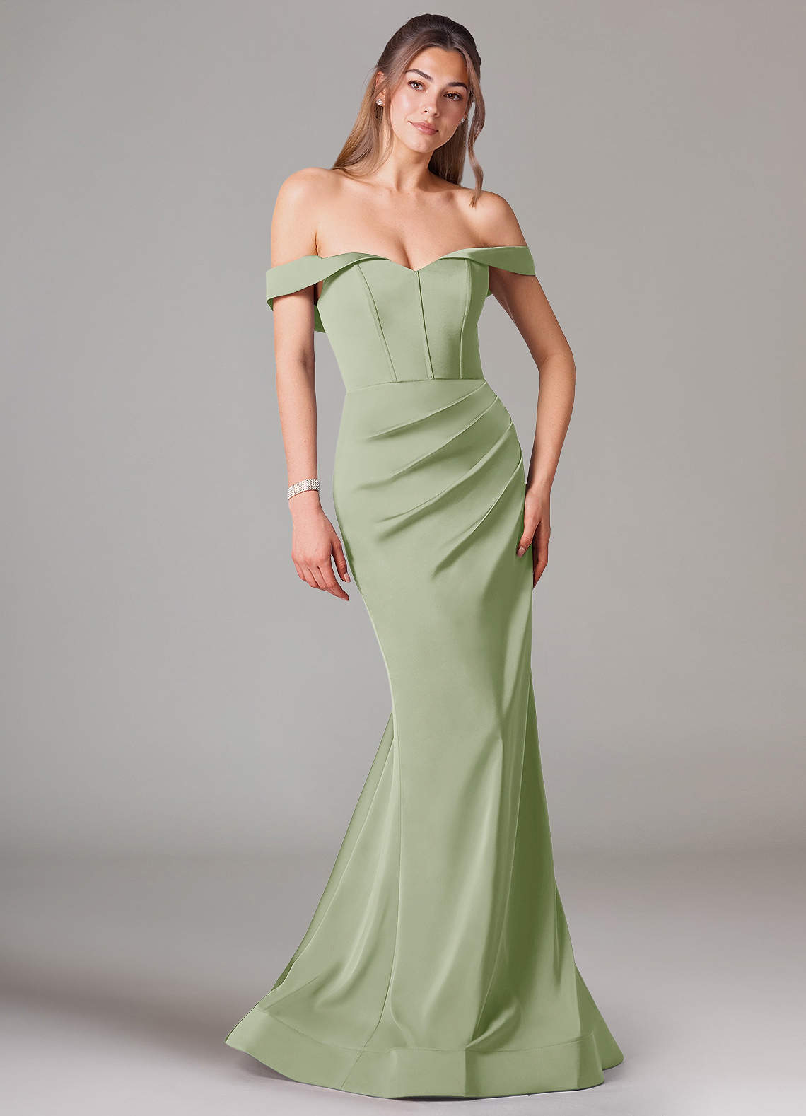 Azazie Everly Bridesmaid Dresses Dusty Sage Mermaid Off the Shoulder Stretch Satin Convertible Dress image1