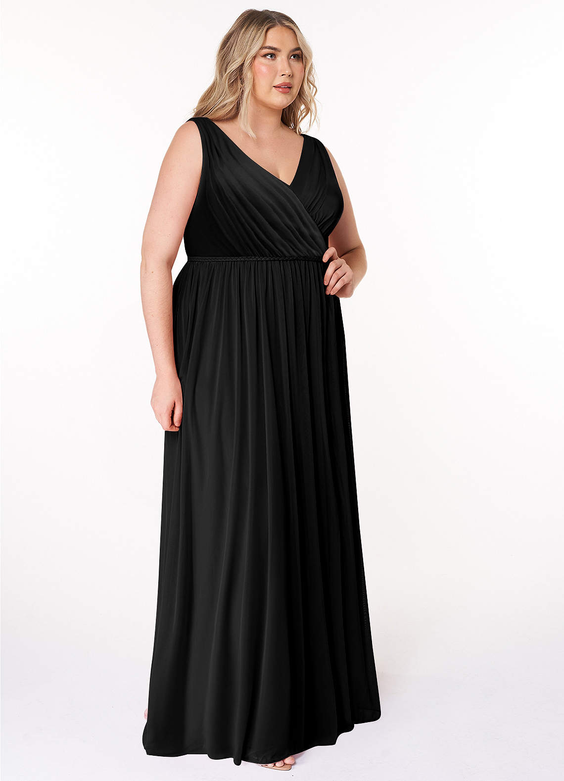 Azazie Tanicia Bridesmaid Dresses Black A-Line V-Neck Pleated Mesh Dress image7