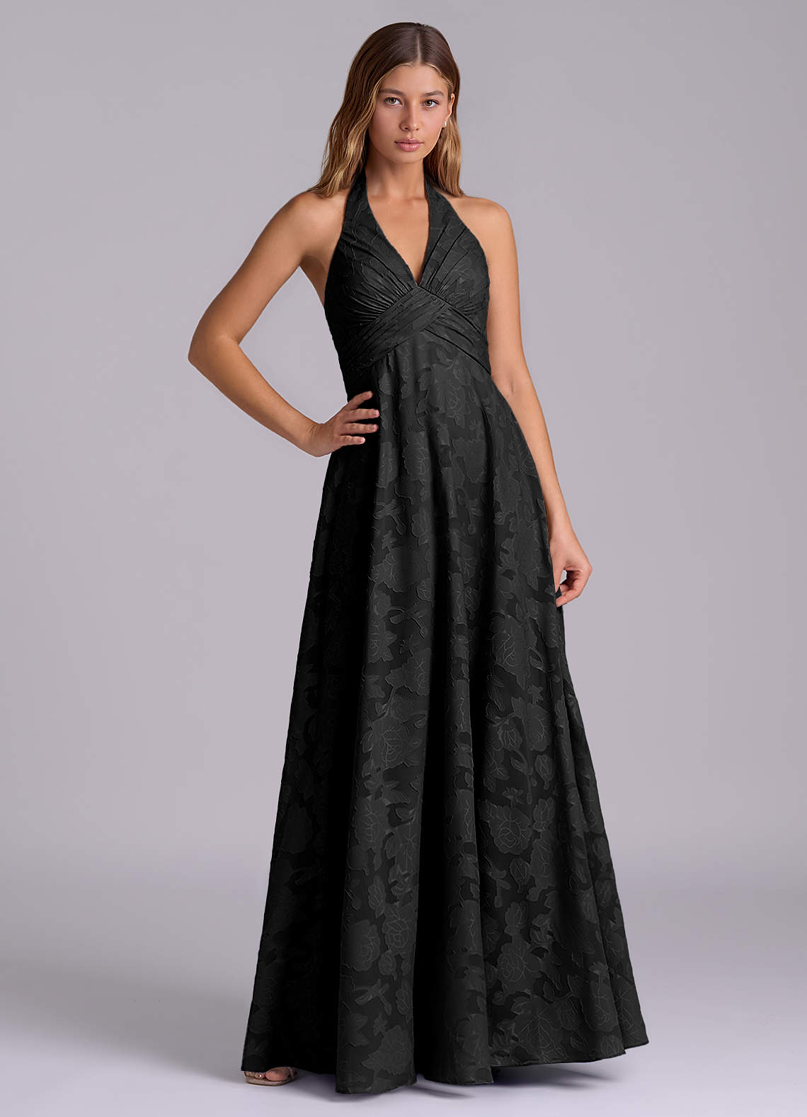 Azazie Tessie At-home Try On Dresses Black A-Line Pleated Floral Burnout Dress image1