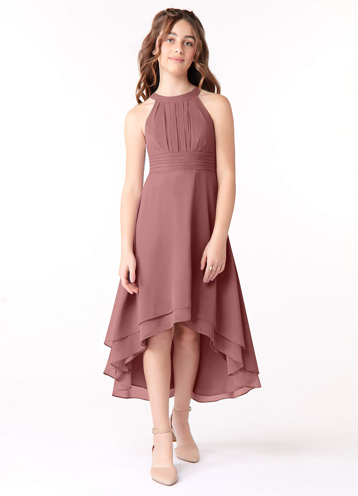 Azazie Linna Junior Vestido de Rosa Del Desierto de Gasa de Corte En A con Plisado image1