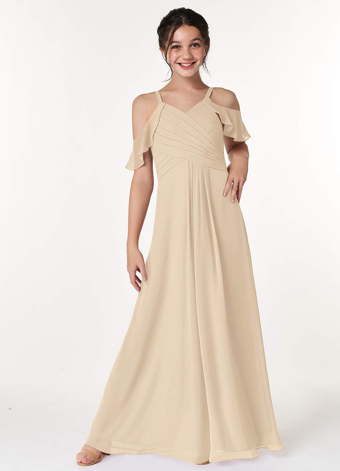 Azazie Dakota Junior Champagne A-Line Off the Shoulder Chiffon Dress image1