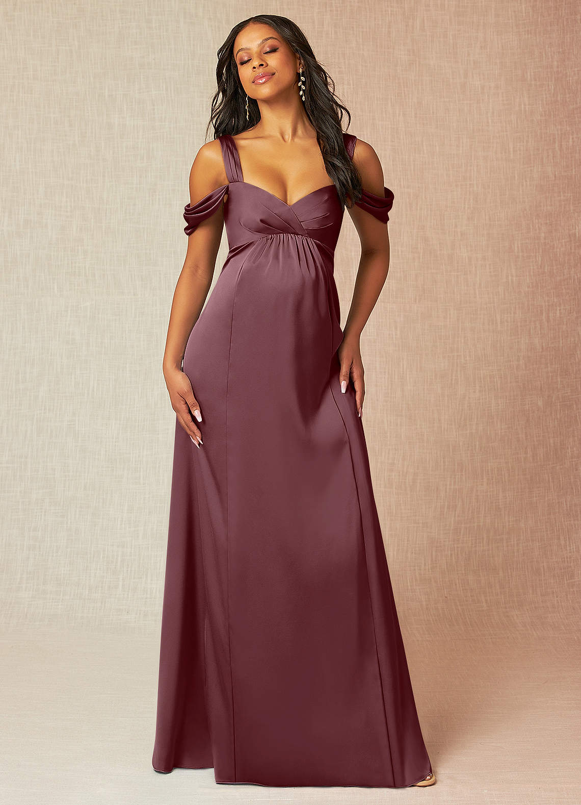 Azazie Rhea Brautjungfernkleider für Schwangere A-Linie Schulternfrei Gefaltet Stretch-Satin Bodenlänge Kleid image3