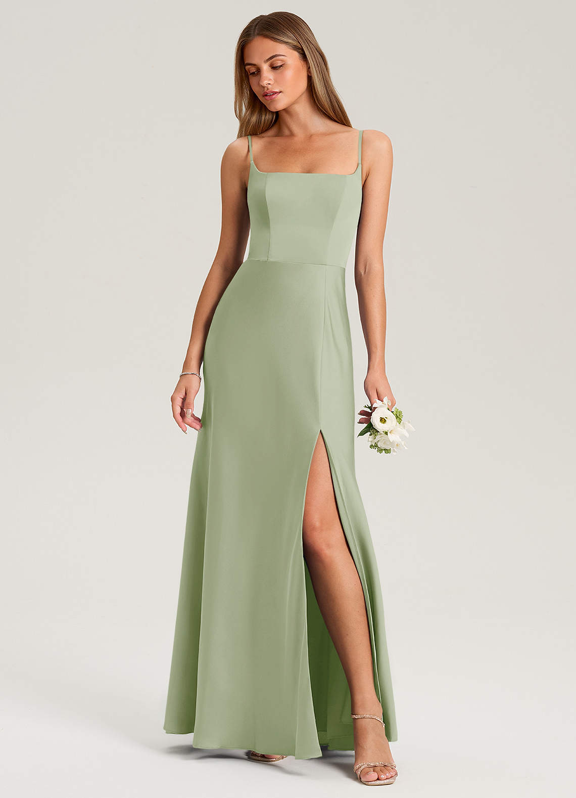 Azazie Lidia Bridesmaid Dresses Dusty Sage Mermaid Side Slit Stretch Satin Dress image1