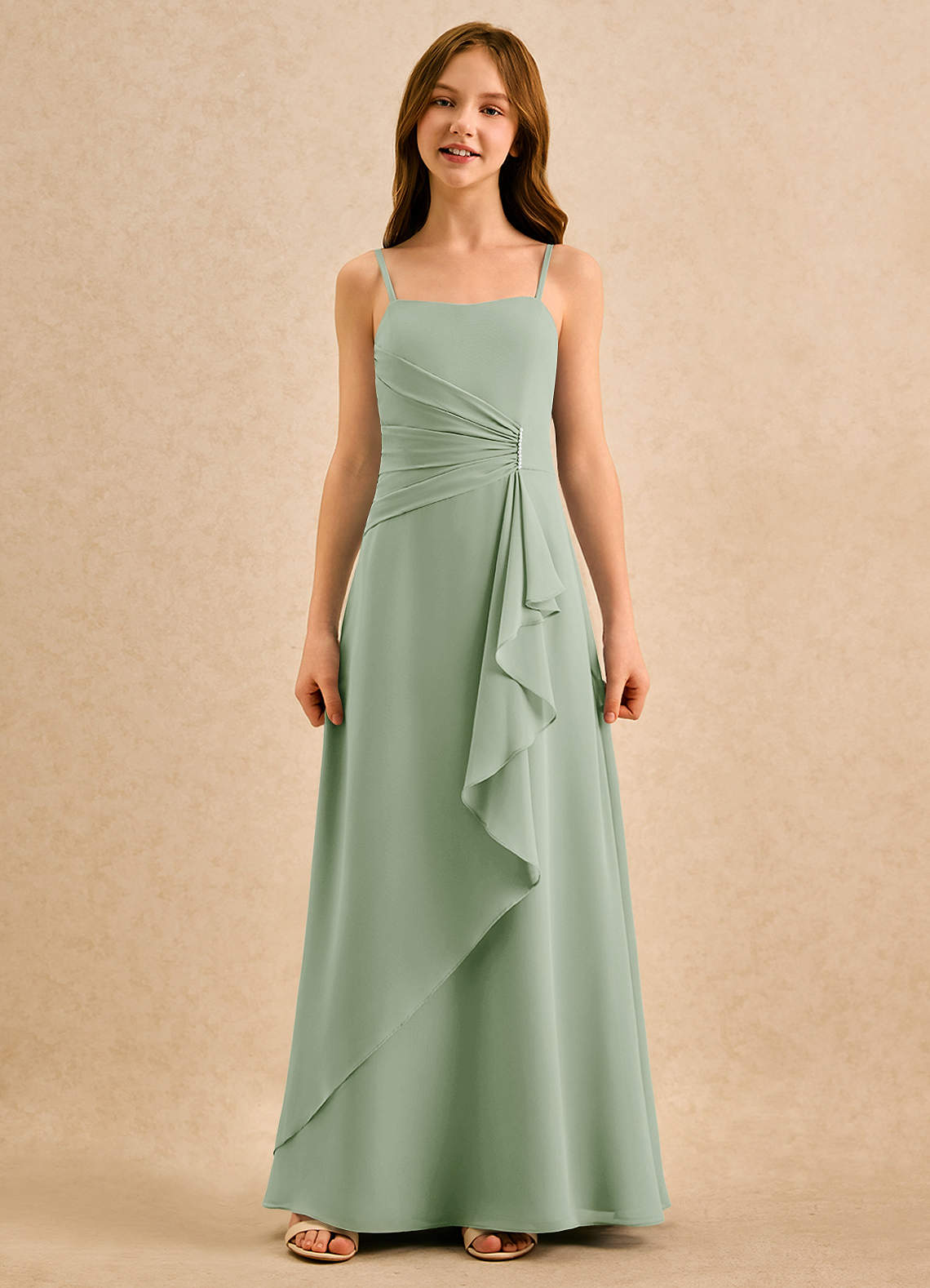 Azazie lolly Girls Formal Robe Demoiselle D'honneur Fillette Robe Trapèze en Mousseline de soie Plissée Vert Sauge image3