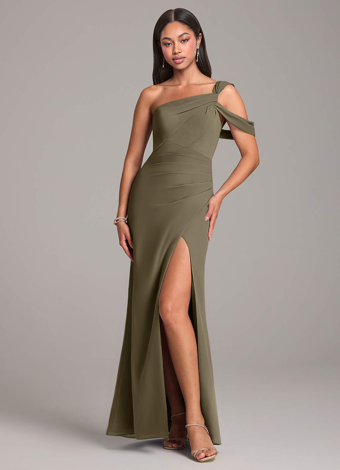 Azazie Wynter At-home Try On Dresses Dusty Blue Sheath Off the Shoulder Chiffon Dress image1
