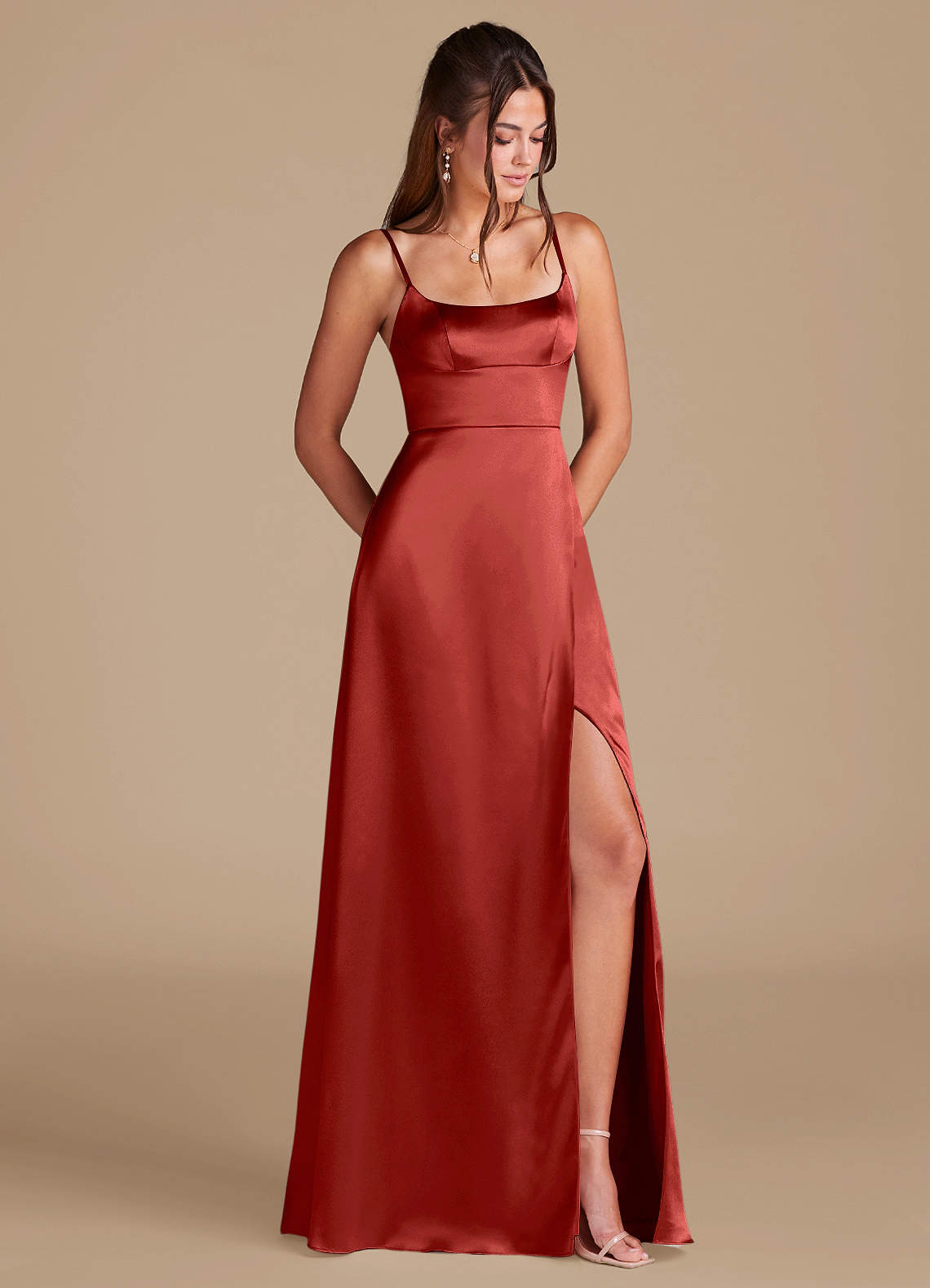 Azazie Halsey Bridesmaid Dresses Rust A-Line Side Slit Metallic Satin Dress image1