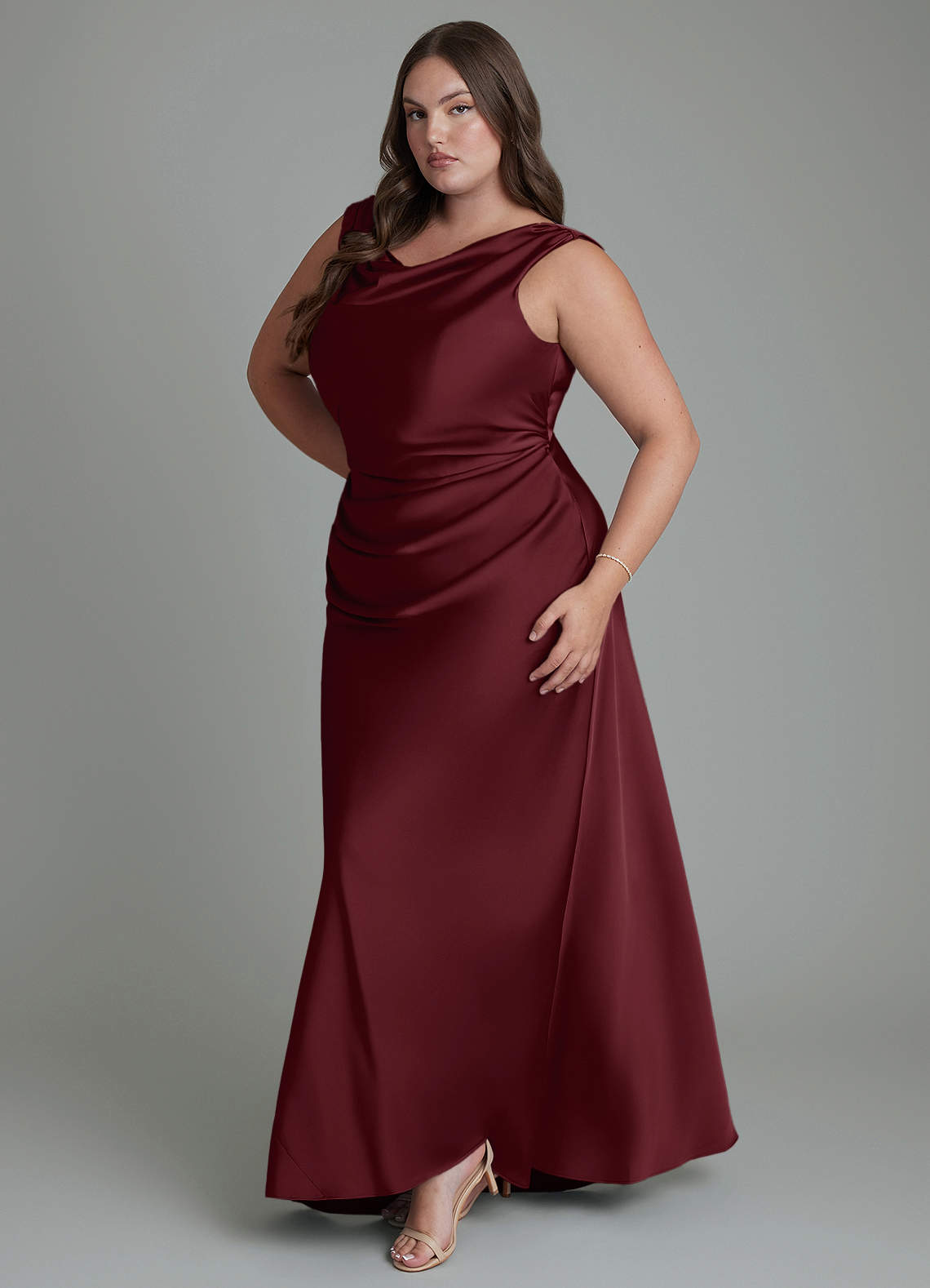 Azazie Kieryn Bridesmaid Dresses Cabernet Mermaid Pleated Stretch Satin Dress image10