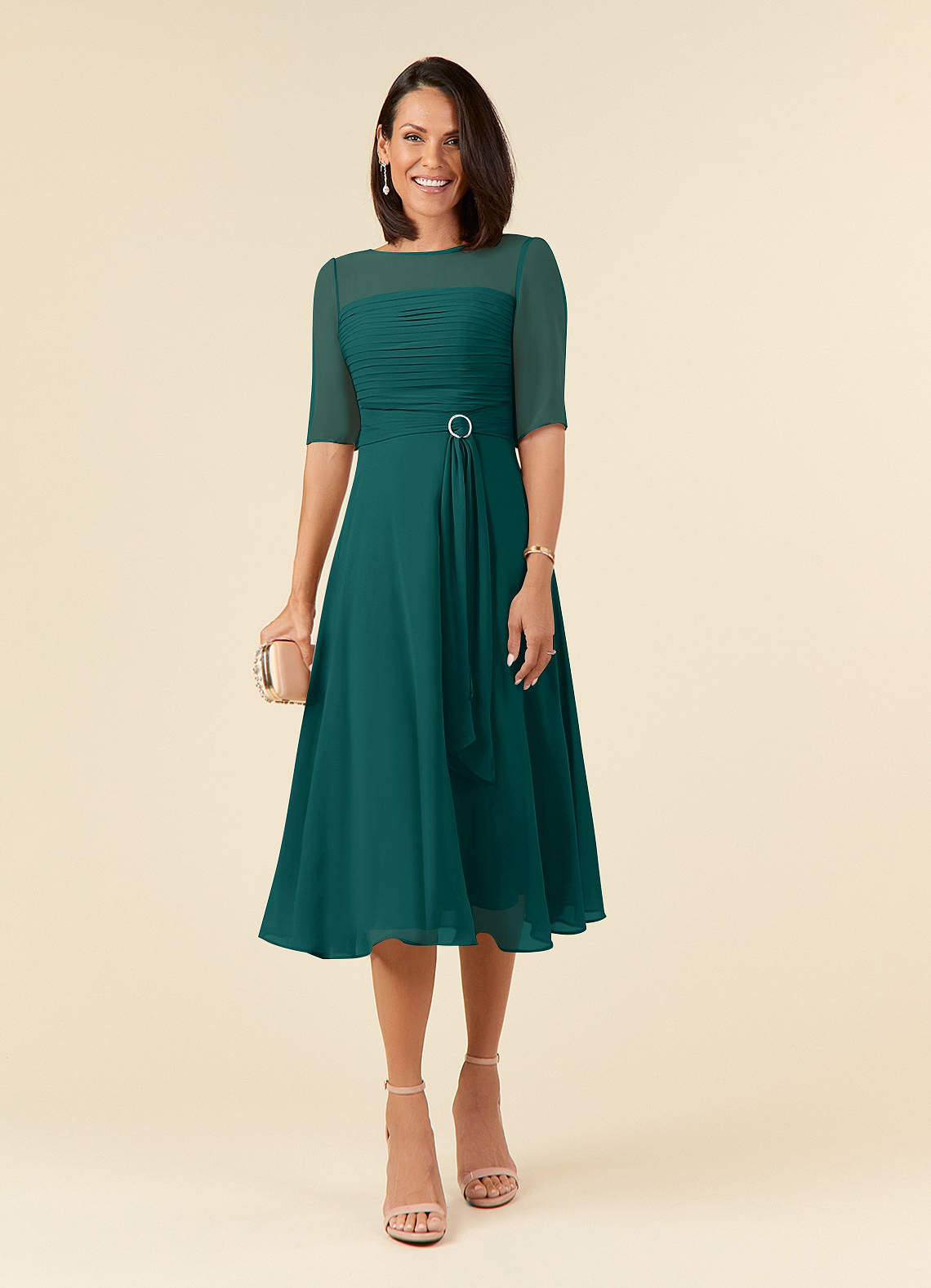 Azazie Naomi Kleider für die Brautmutter A-Linie Bootshals Gefaltet Chiffon Kleid Pfau image1