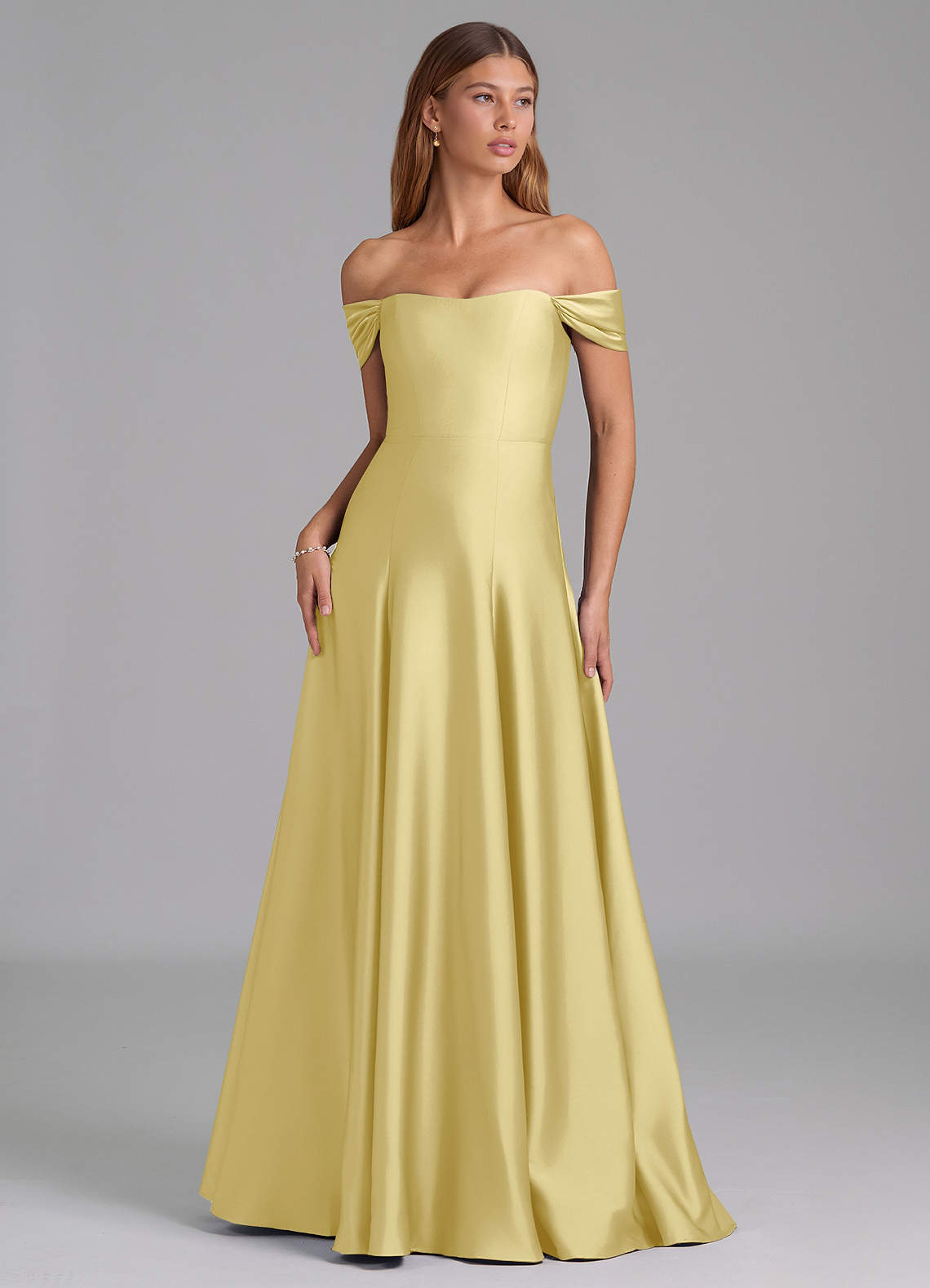Azazie Seriana Bridesmaid Dresses Lemon Sorbet A-Line Off the Shoulder Stretch Satin Convertible Dress image1