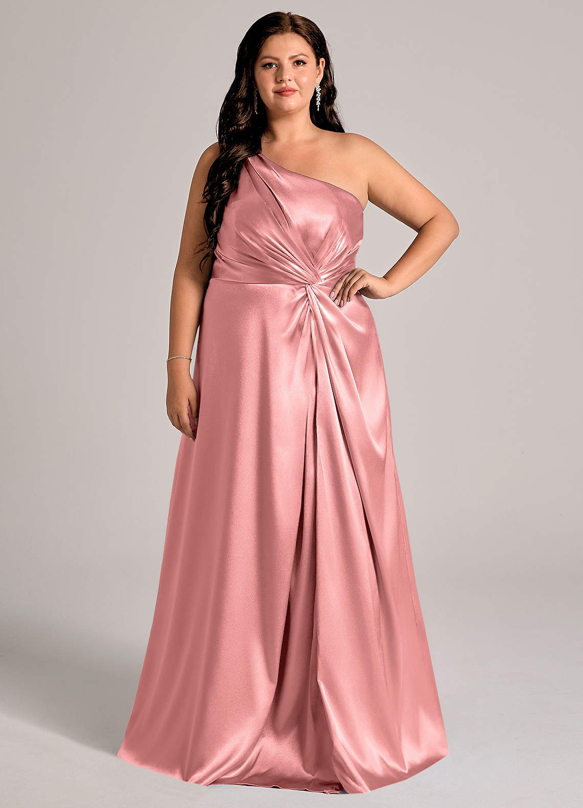 Azazie Brooke Bridesmaid Dresses Rosette A-Line One Shoulder Metallic Satin Dress image1