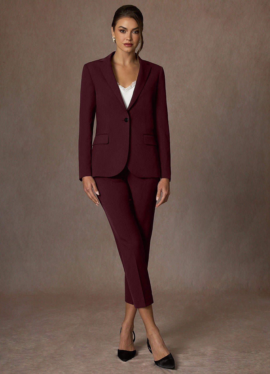 front Kennedy Cabernet Structured Stretch Pants Suit