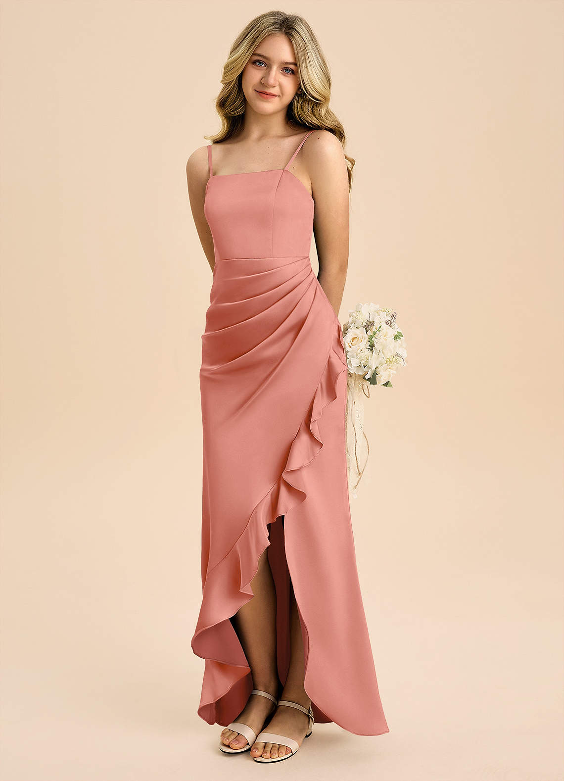 Azazie Buzzy Junior Salmon Pink Sheath Pleated Stretch Satin Dress image1