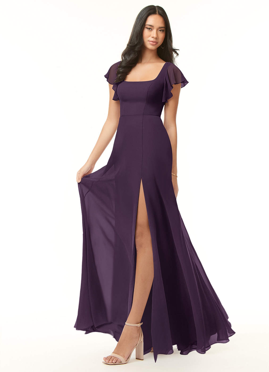 Azazie Plum Floor Length top Dress W Partically Open Lace Back