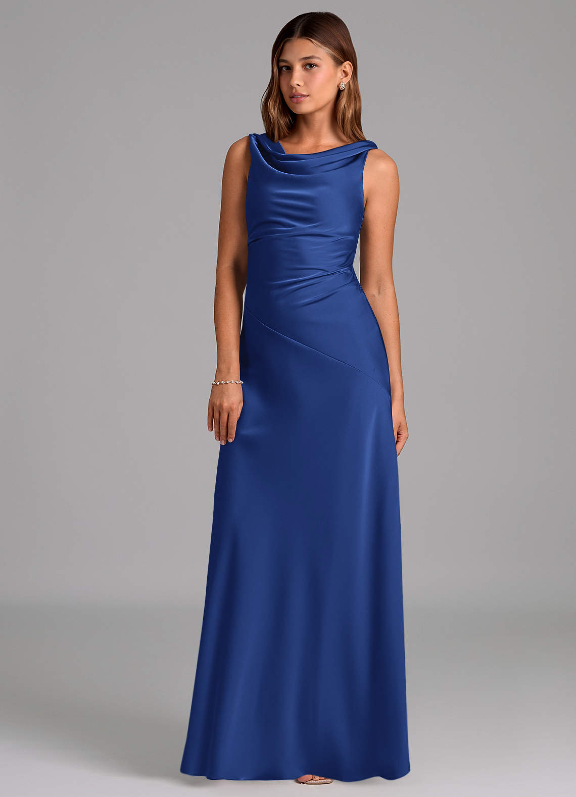 Azazie Nerine Bridesmaid Dresses Royal Blue A-Line Pleated Stretch Satin Dress image1