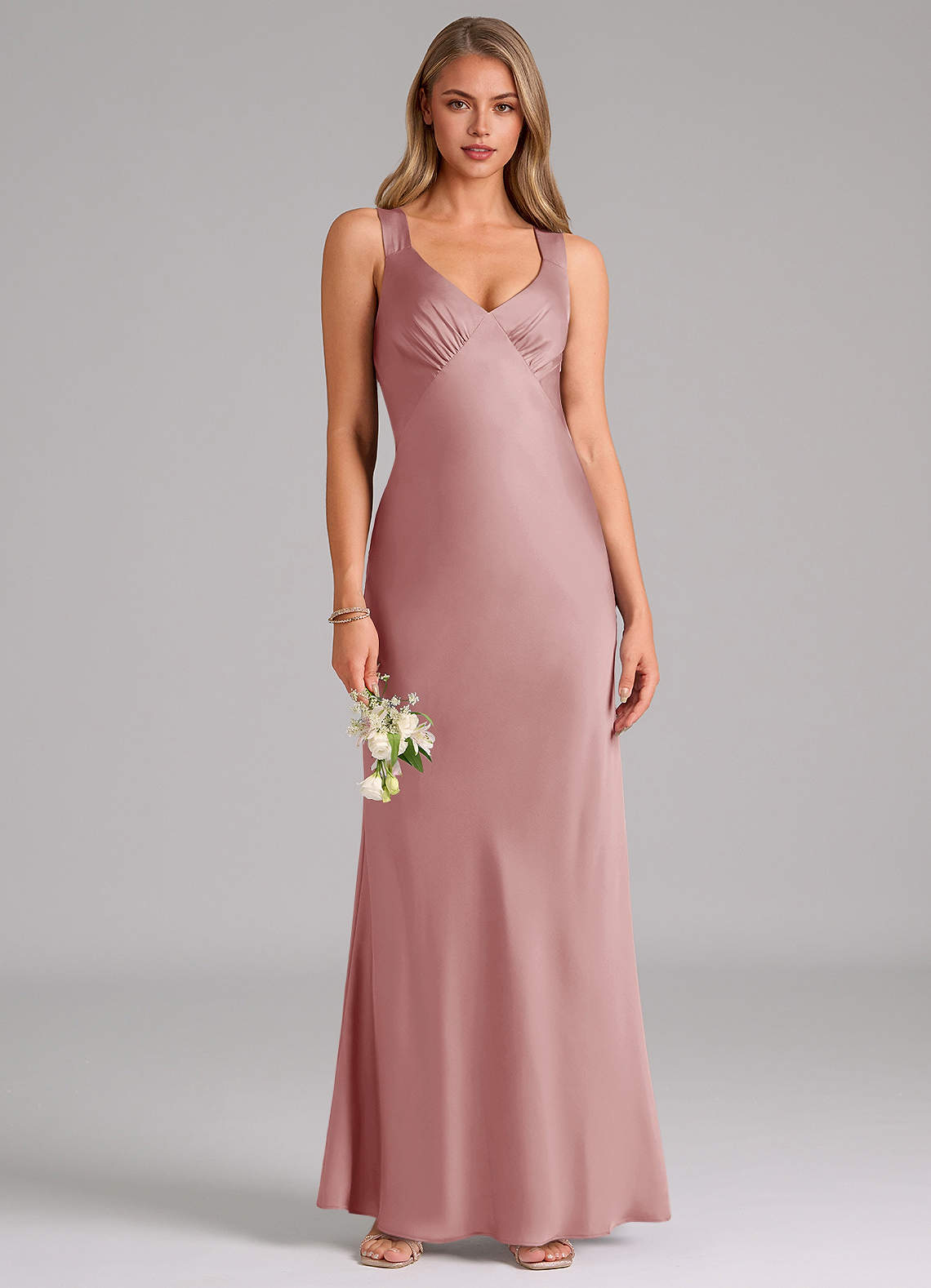 Azazie Kamila Bridesmaid Dresses Dusty Rose A-Line Pleated Stretch Satin Dress image1