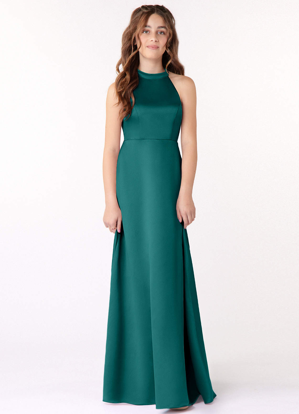 Azazie Laurel Junior Peacock A-Line Stretch Satin Dress image1