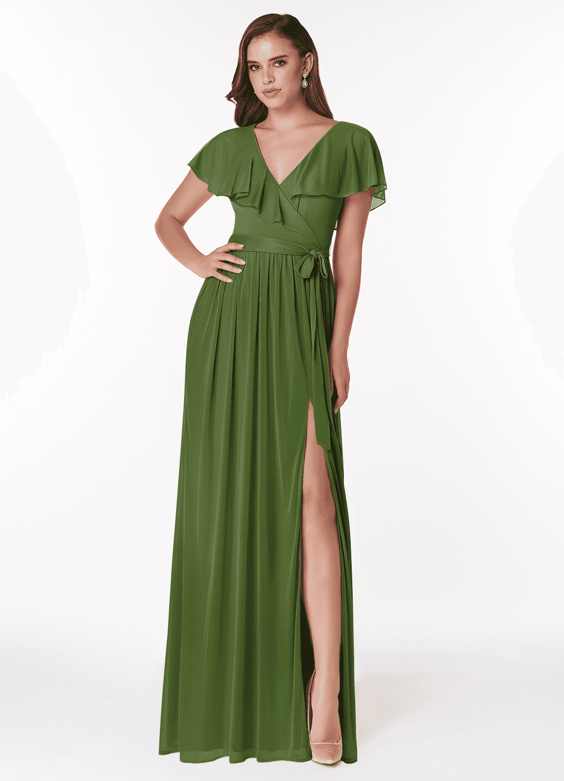 Azazie Jael Robes de demoiselle d'honneur Robe Trapèze en Maille Col en V Olive image1