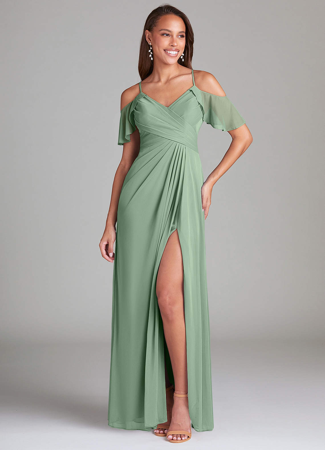 Azazie Dakota Bridesmaid Dresses Matcha A-Line Off the Shoulder Mesh Dress image1