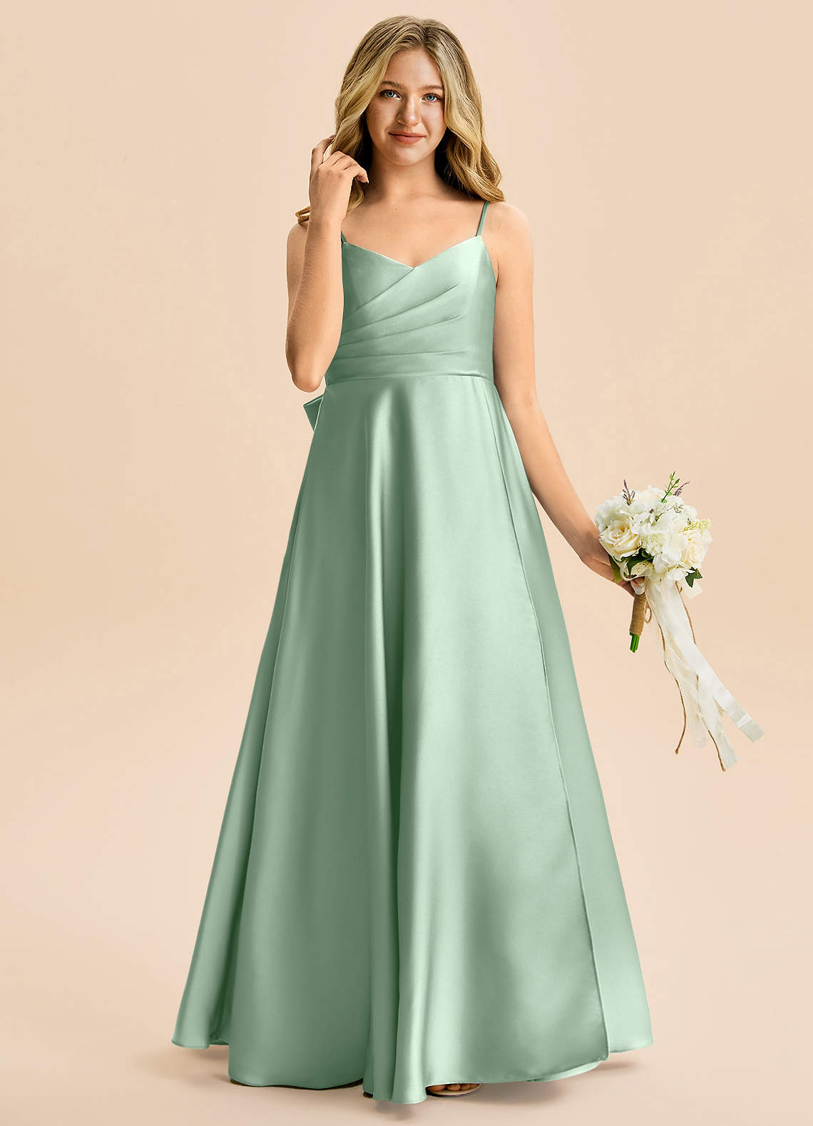 Azazie Rumi Junior Klä av A-Line i Stretch Satin Plisserad image3