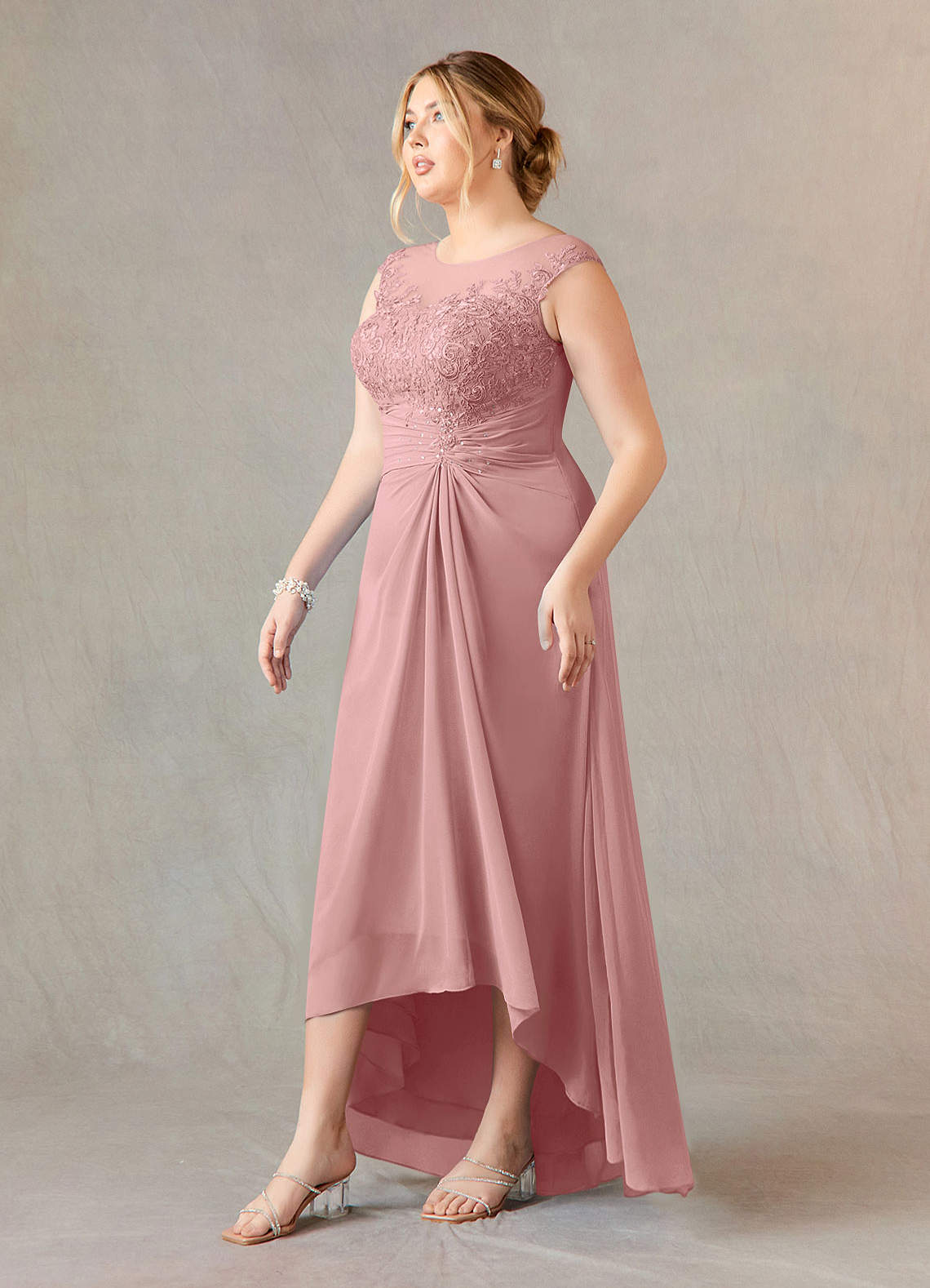 Azazie Endora Dusty Rose A-Line Scoop Lace Chiffon Dress Ready to