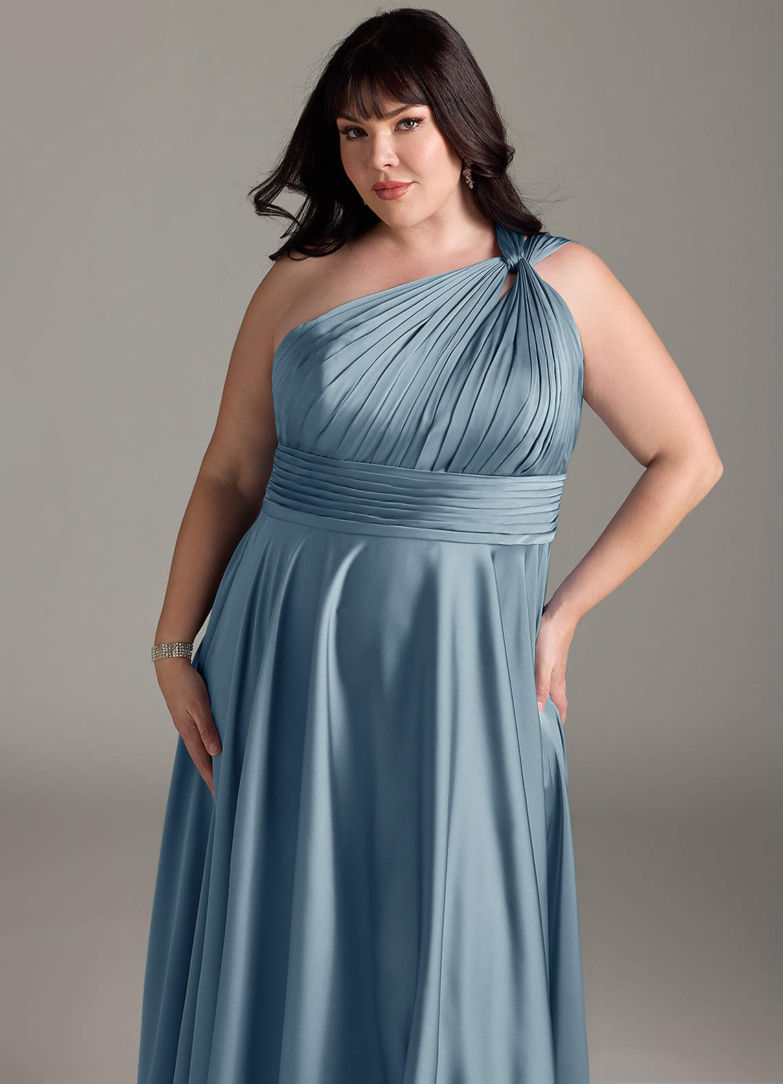 Azazie Charlize Bridesmaid Dresses Dusty Blue A-Line One Shoulder Stretch Satin Dress image13