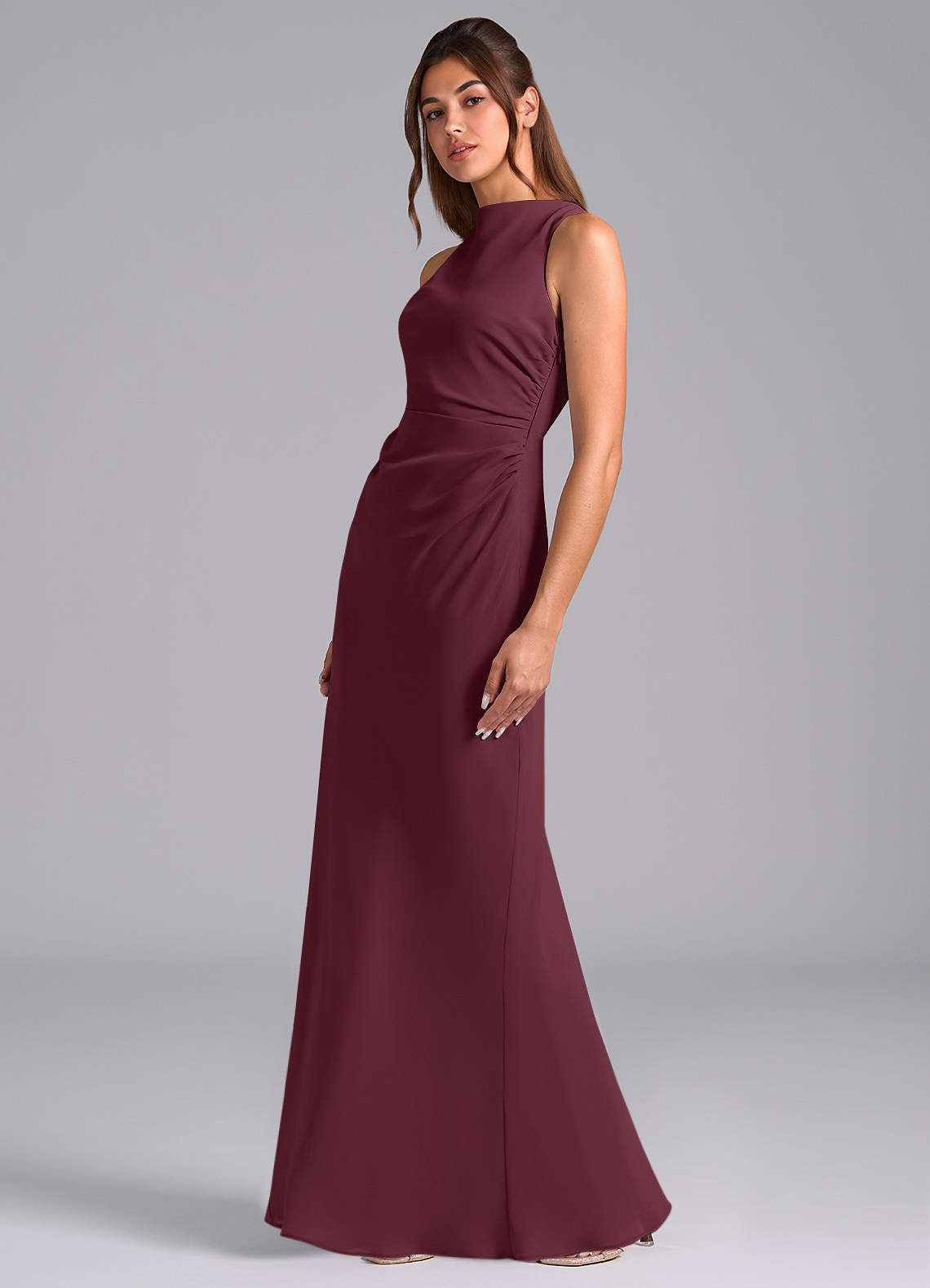 Azazie Evadne Robes de demoiselle d'honneur Robe Trapèze en Mousseline de soie Plissée Cabernet image1
