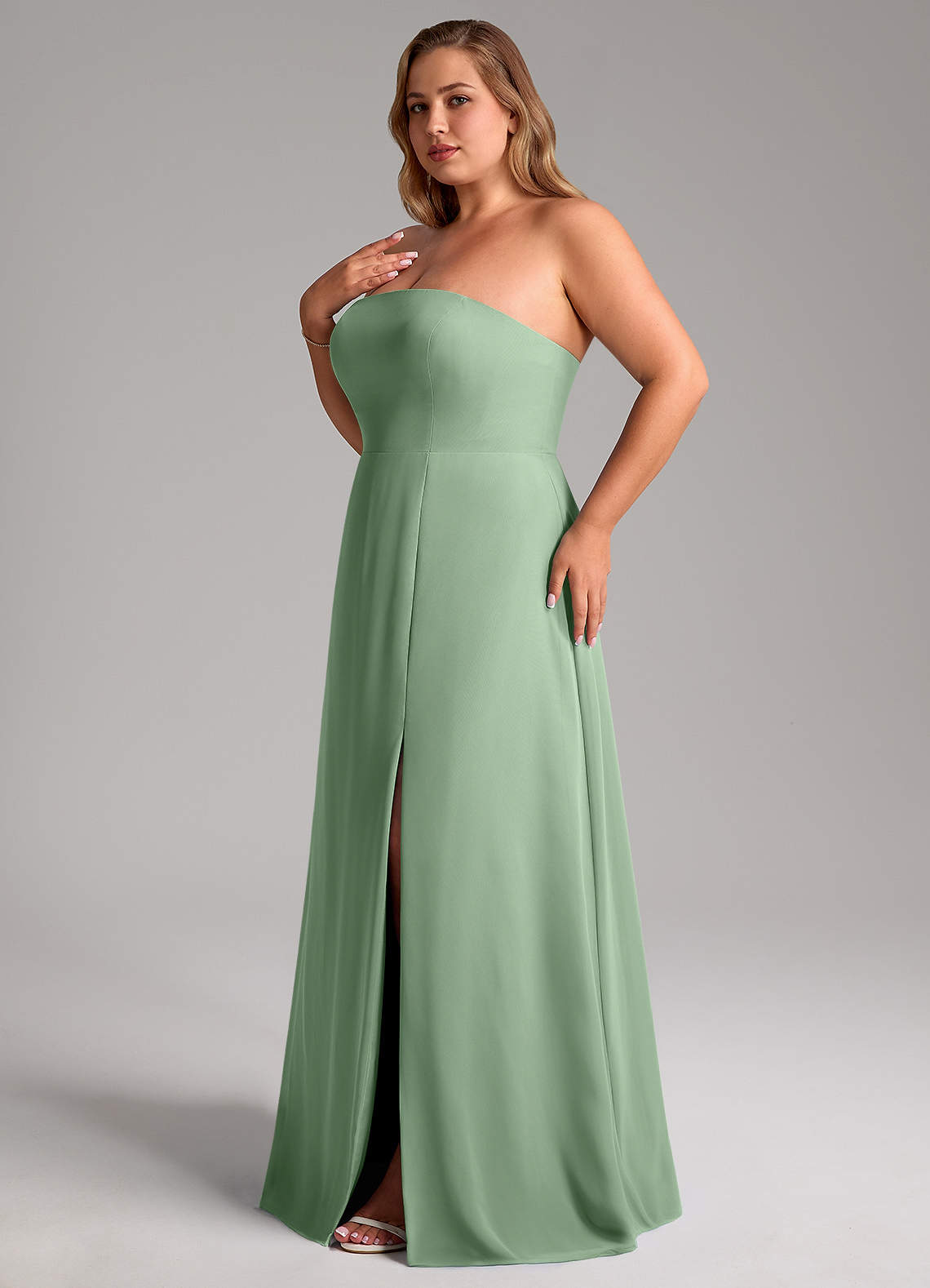 Azazie Wren Abiti da Damigella Abito Convertibile A-Line in Chiffon Spacco Laterale Matcha image12